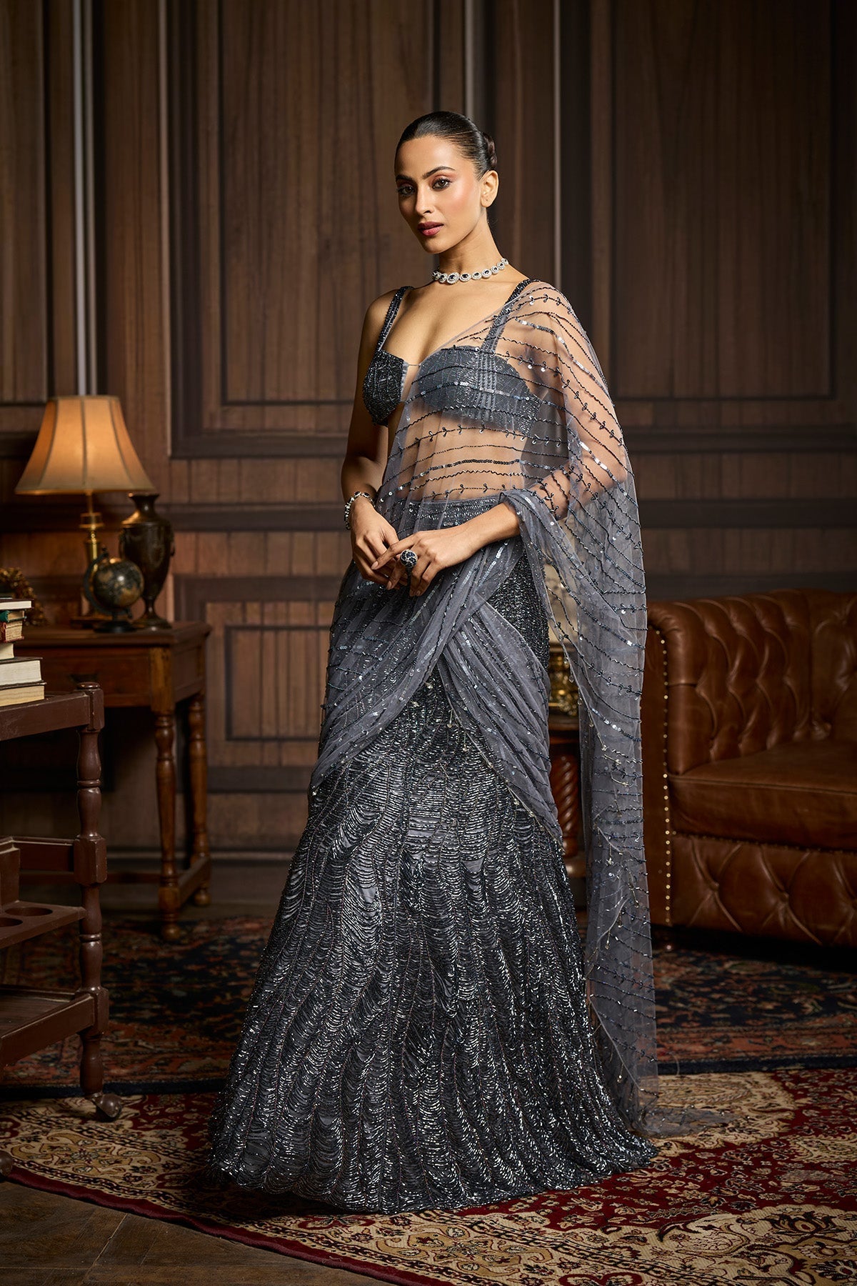Gunmetal Embellished Pre-Draped Skirt Saree Set