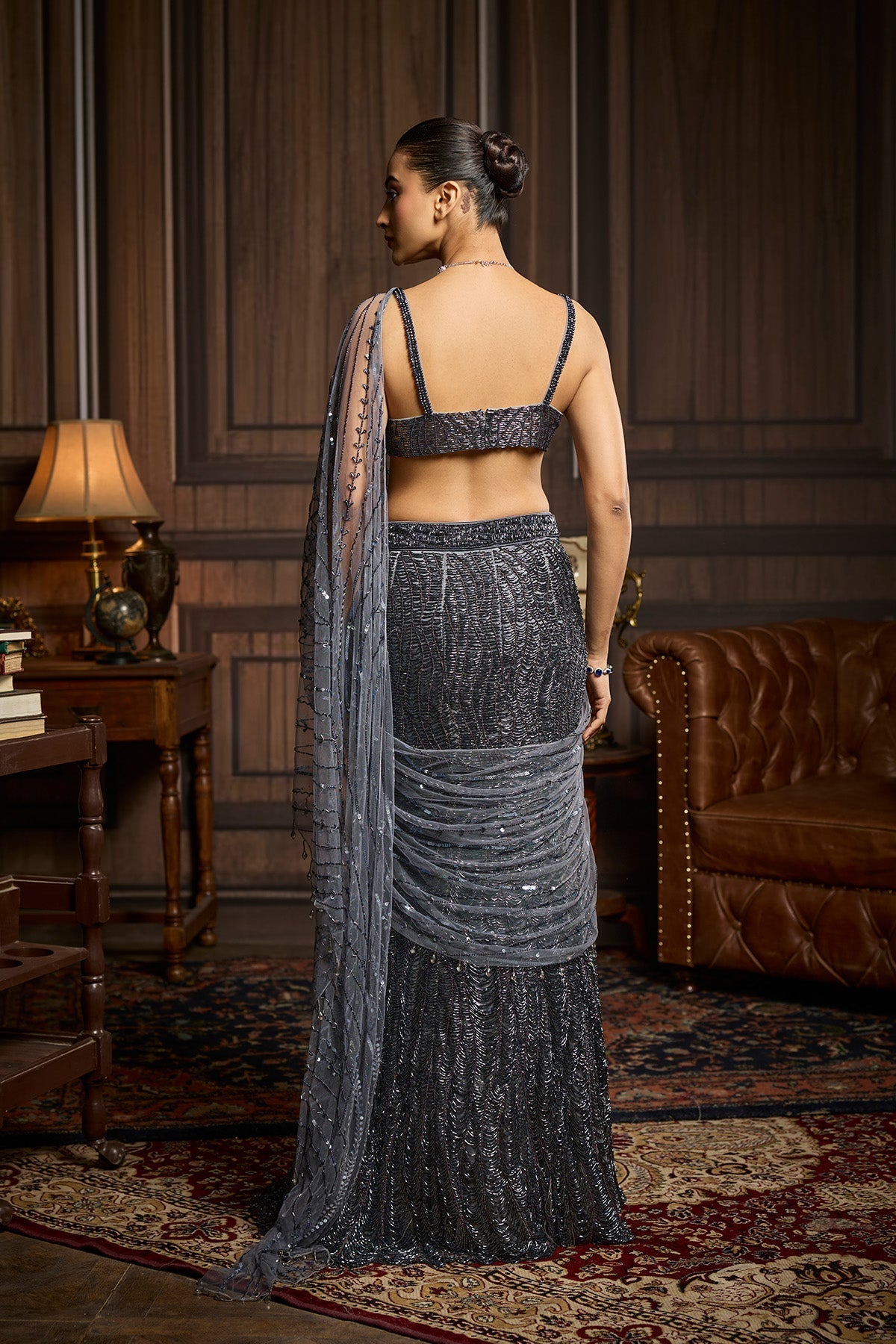 Gunmetal Embellished Pre-Draped Skirt Saree Set