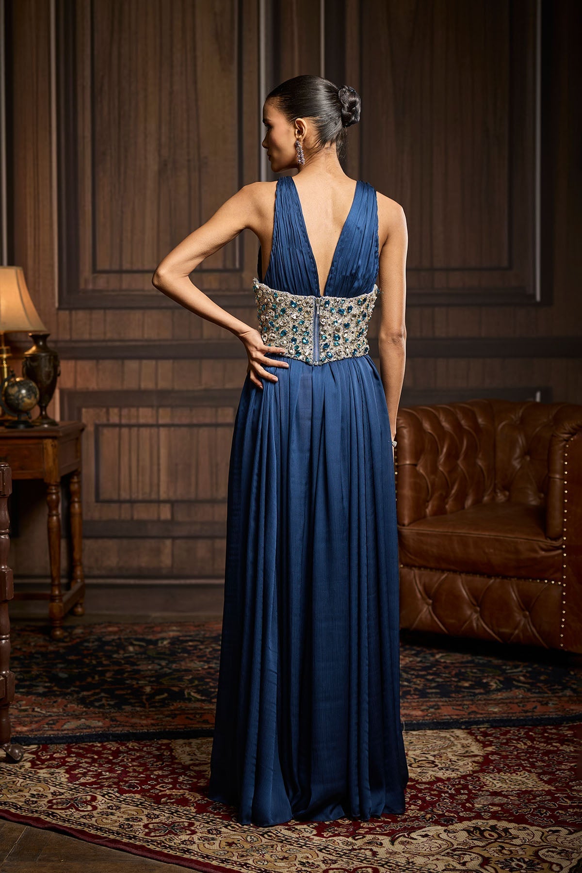 Heavy Embellished Corset Belt Styled With Midnight Blue Slit Dress