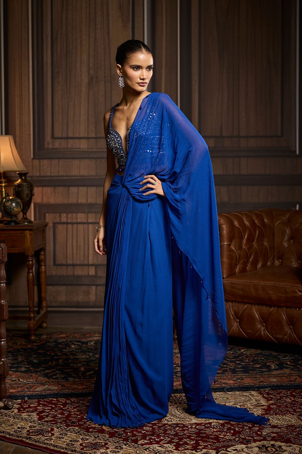 Electric Blue Embellished Blouse And Pre-Draped Dhoti Saree Set