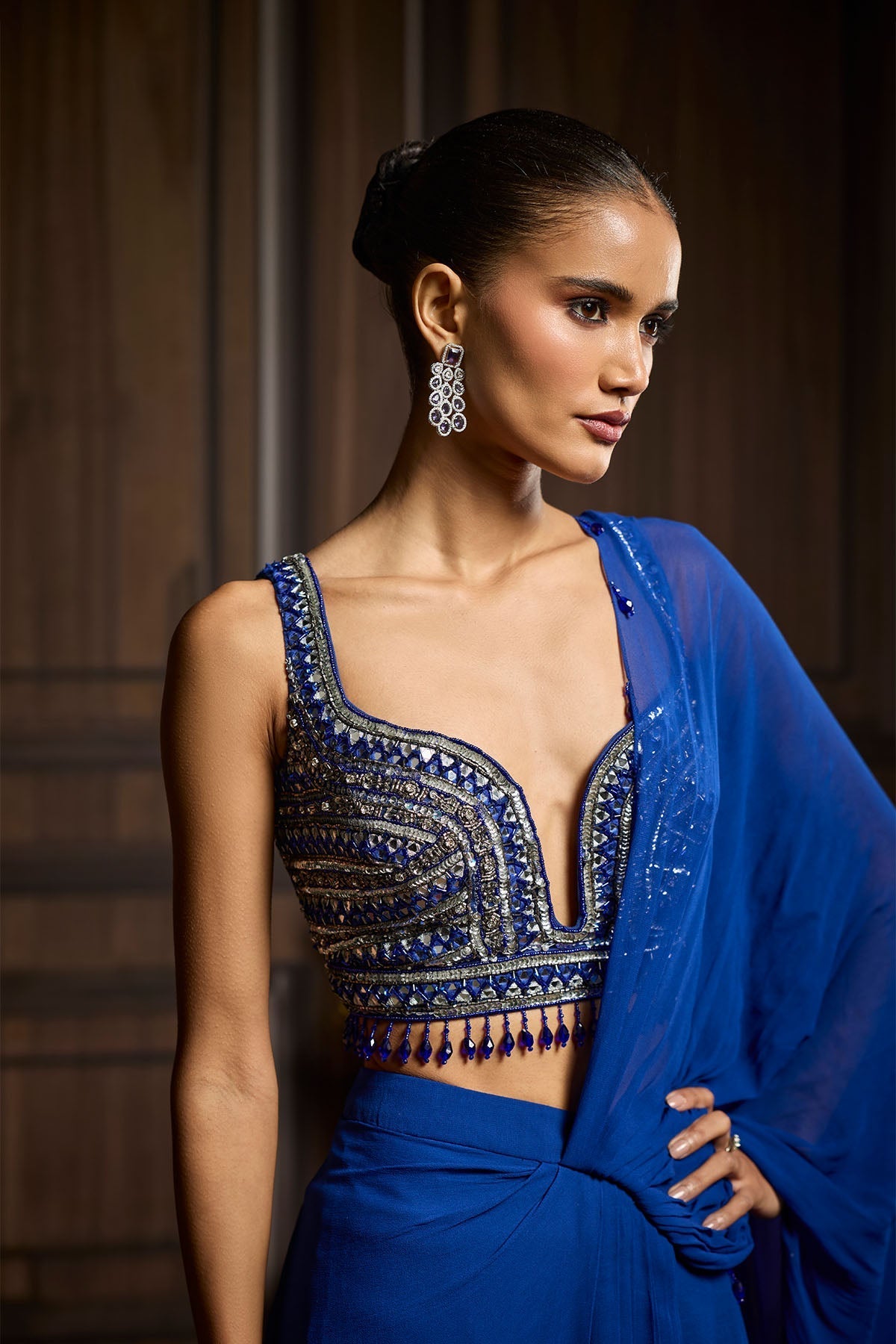 Electric Blue Embellished Blouse And Pre-Draped Dhoti Saree Set