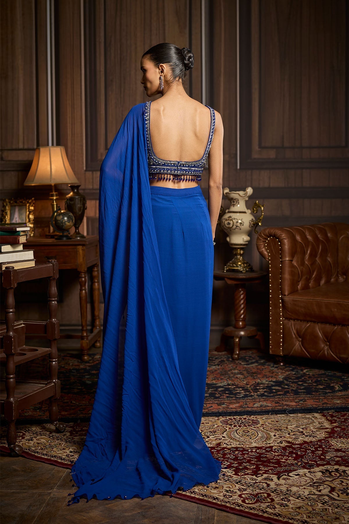 Electric Blue Embellished Blouse And Pre-Draped Dhoti Saree Set
