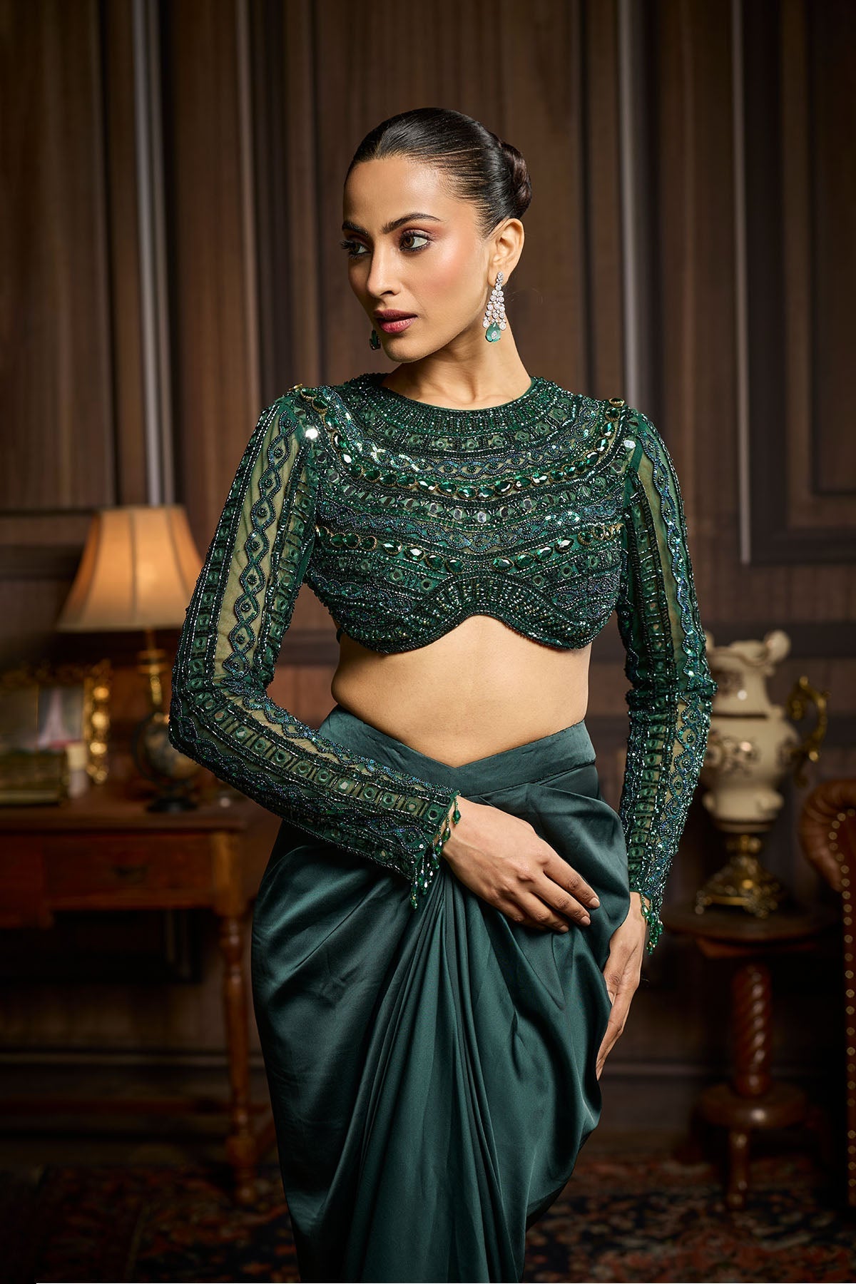 Emerald Green Embroidered Blouse And Draped Skirt Set