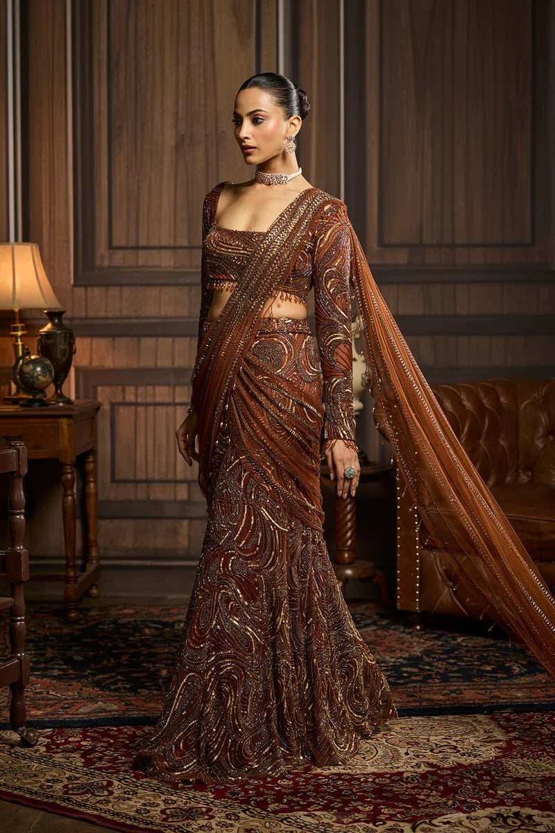 Metallic Gold Embellished Skirt Saree Set - Ready to Ship