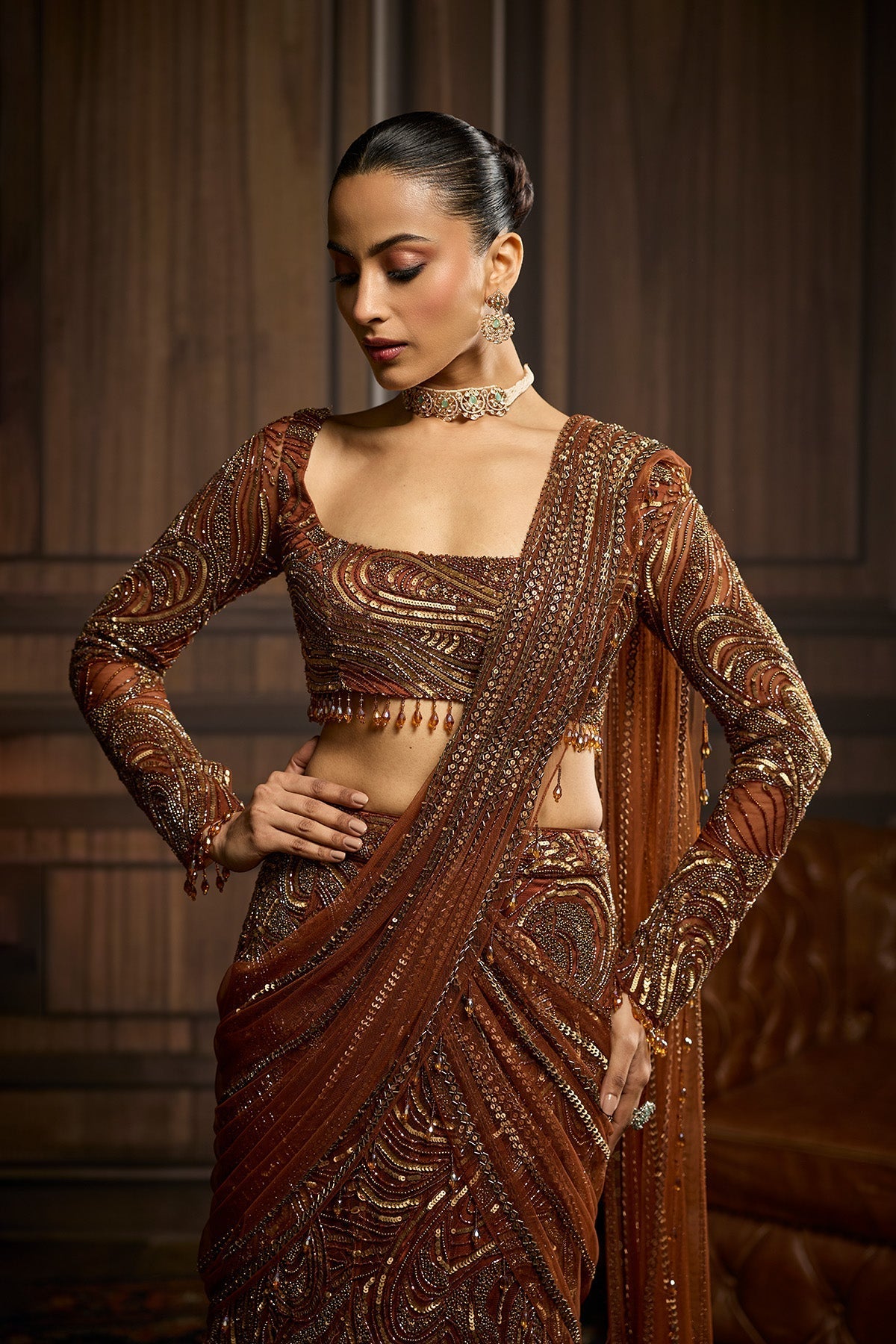 Metallic Gold Embellished Skirt Saree Set