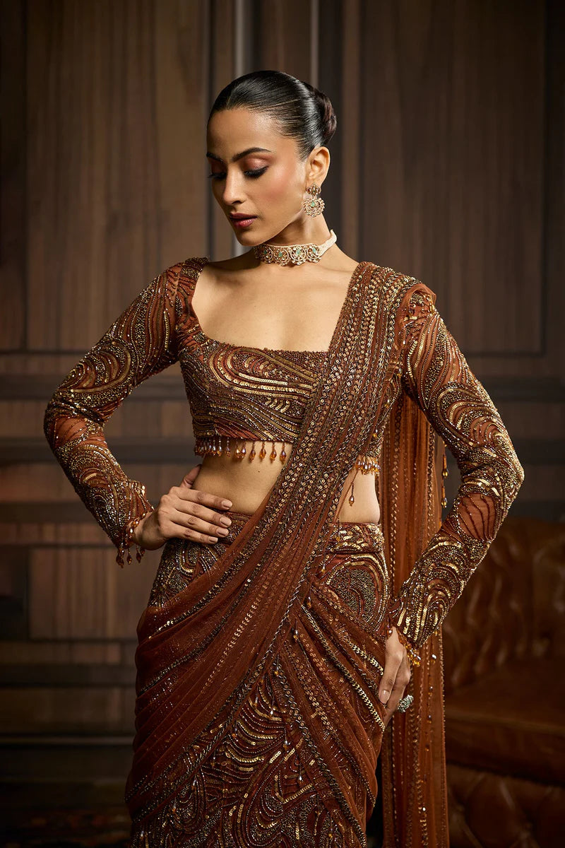 Metallic Gold Embellished Skirt Saree Set - Ready to Ship