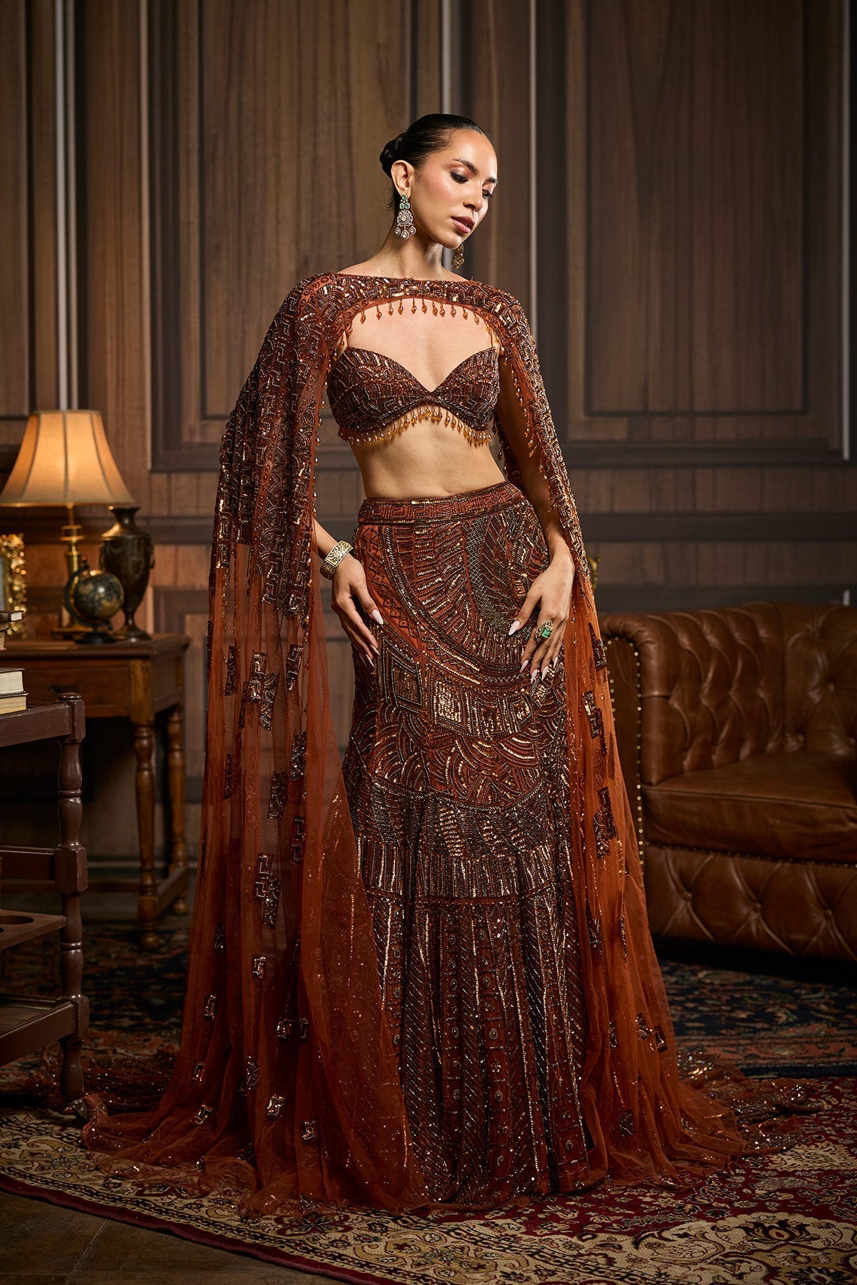 Caramel Brown Fully Embroidered Mermaid Trailskirt Set
