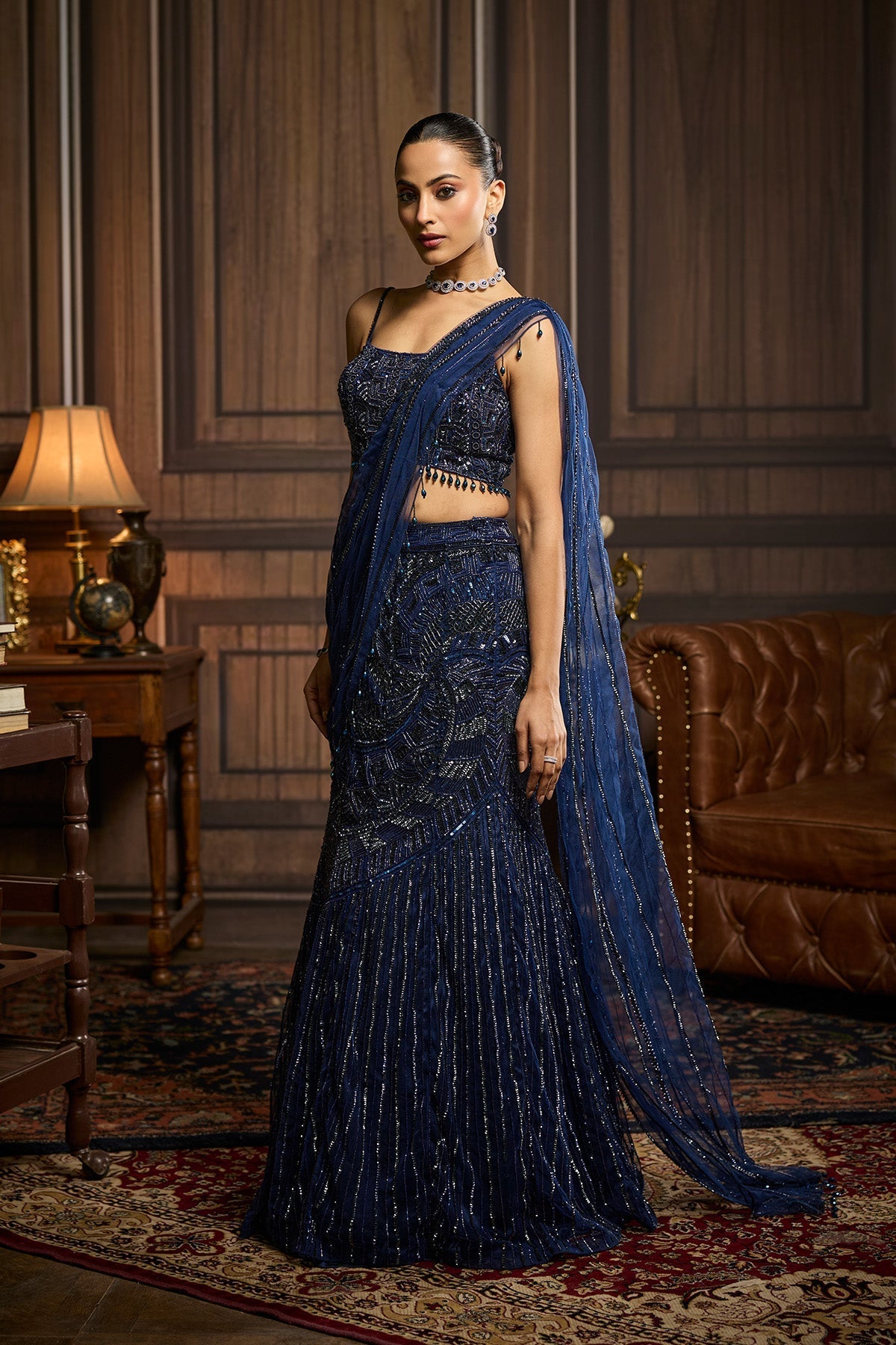 Midnight Blue Embellished Pre-Drapedskirt Saree Set