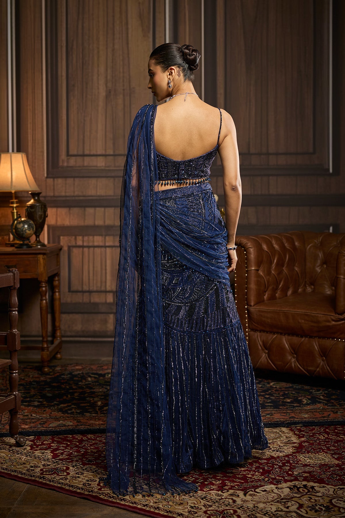 Midnight Blue Embellished Pre-Drapedskirt Saree Set