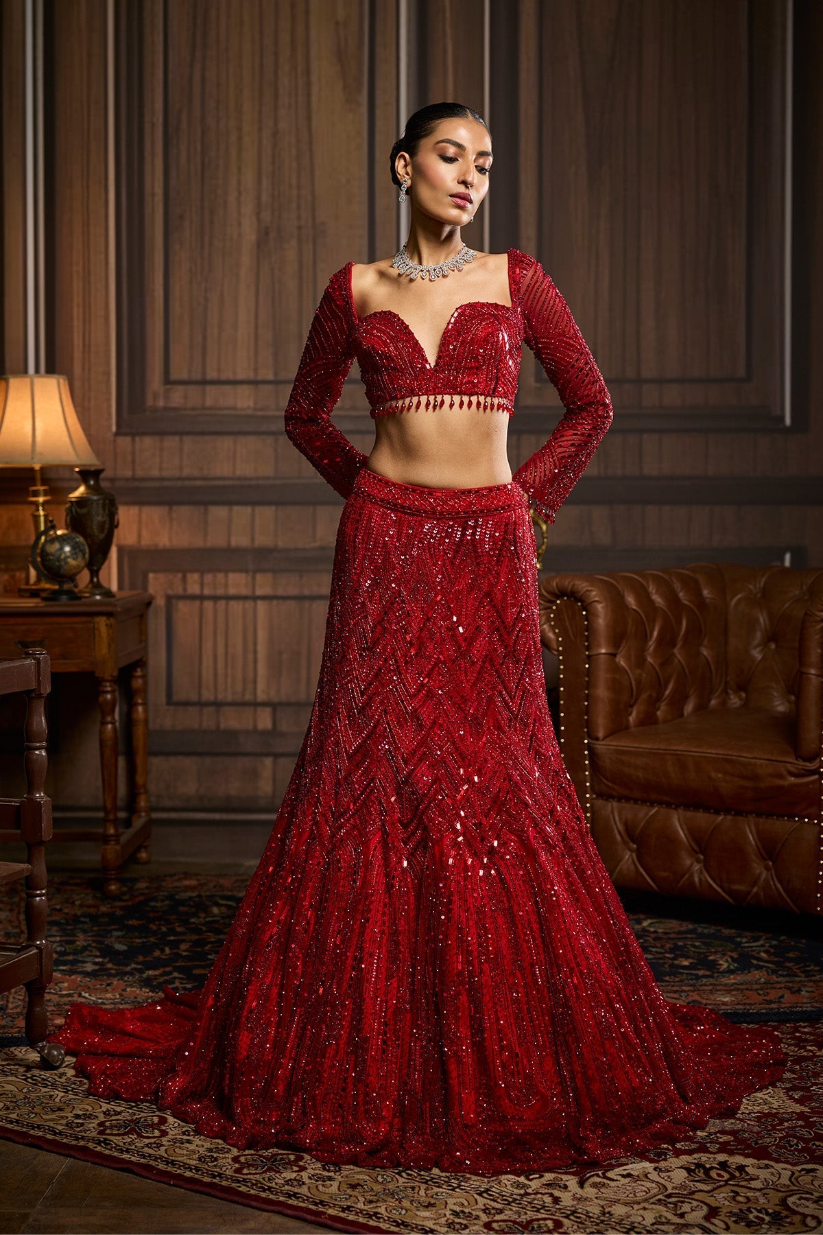 Vermillion Red Embroidered Mermaid Skirt Set