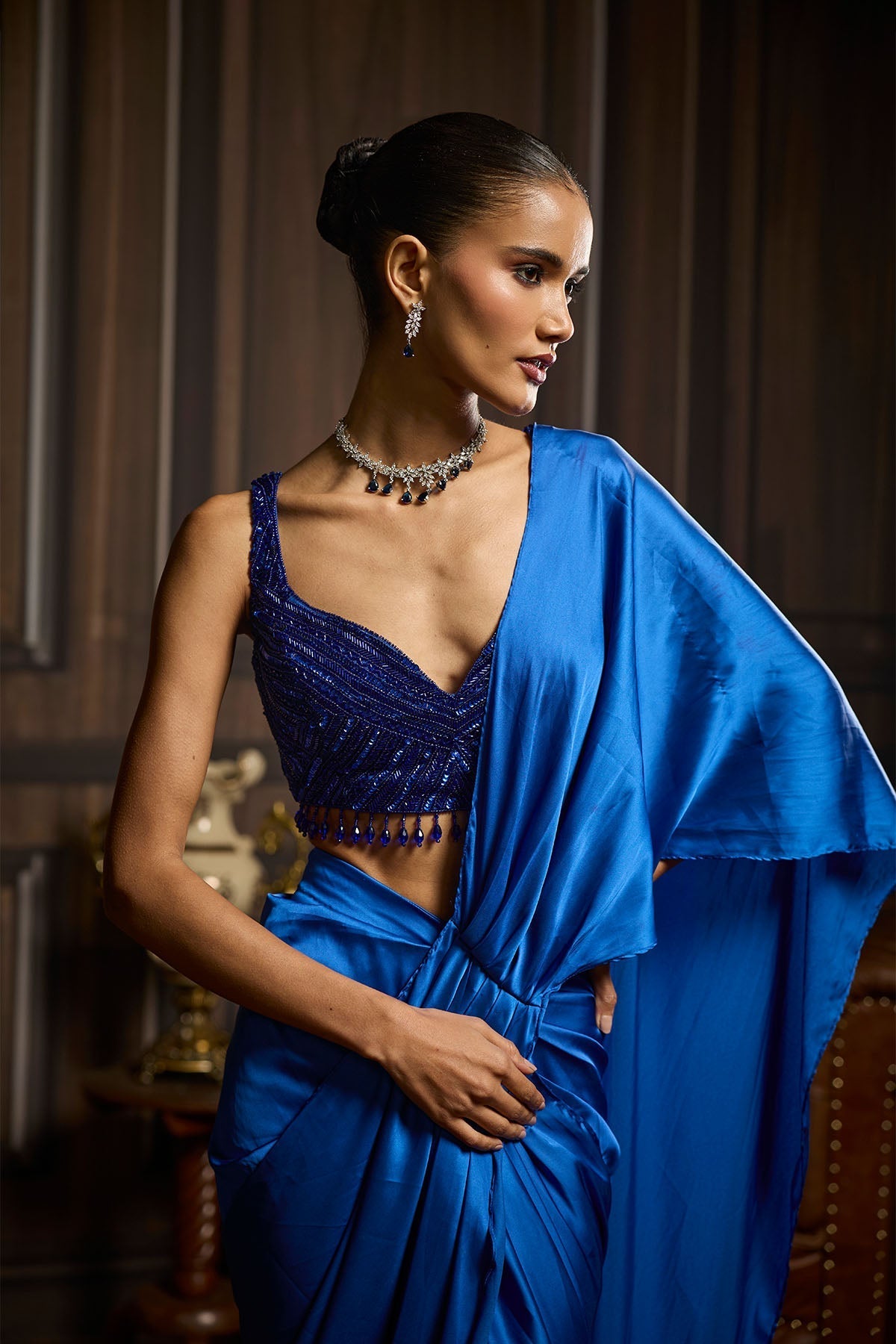 Electric Blue Embellished Blouse And Pre-Draped Dhoti Saree Set