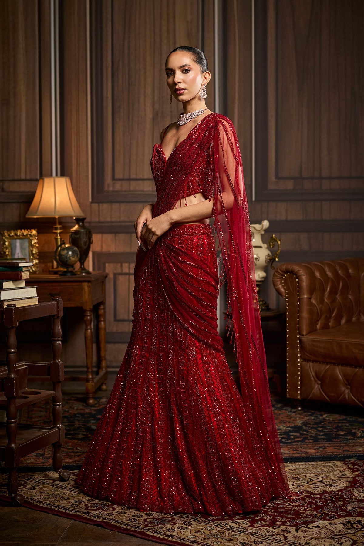 Vermillion Red Embellished Pre-Draped Skirt Saree Set