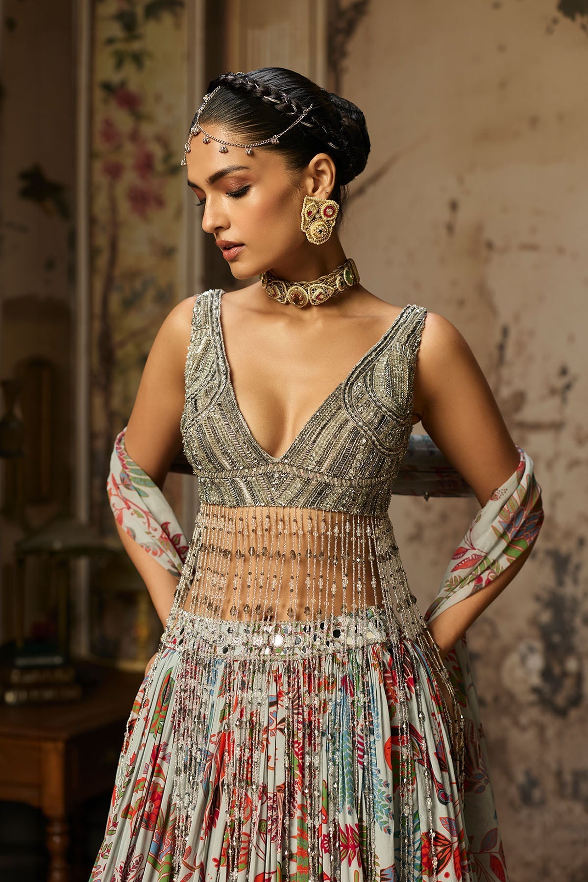 Slate Grey Embroidered Blouse And Printed Lehenga Set
