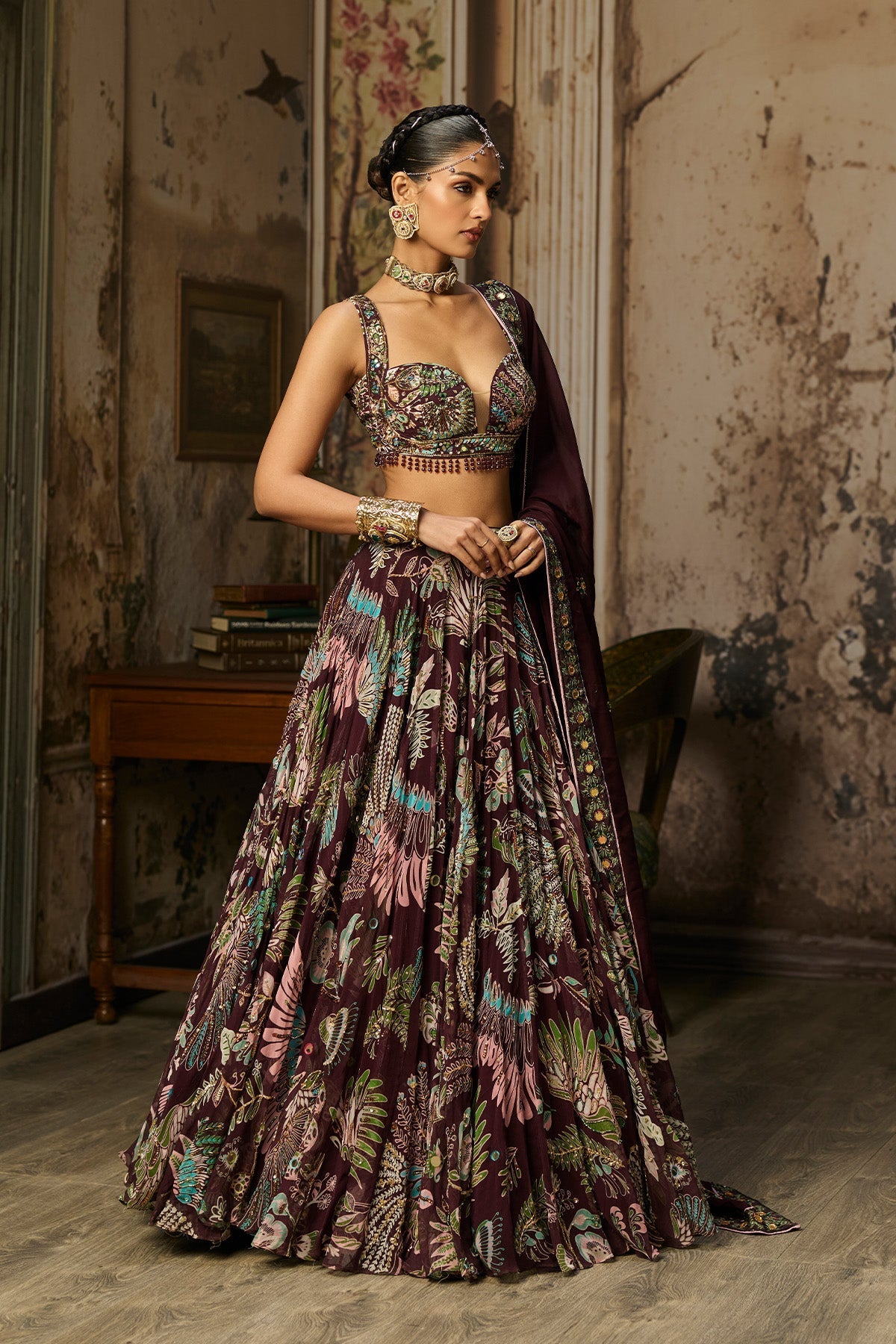 Plum Printed And Highlighted Lehenga Set