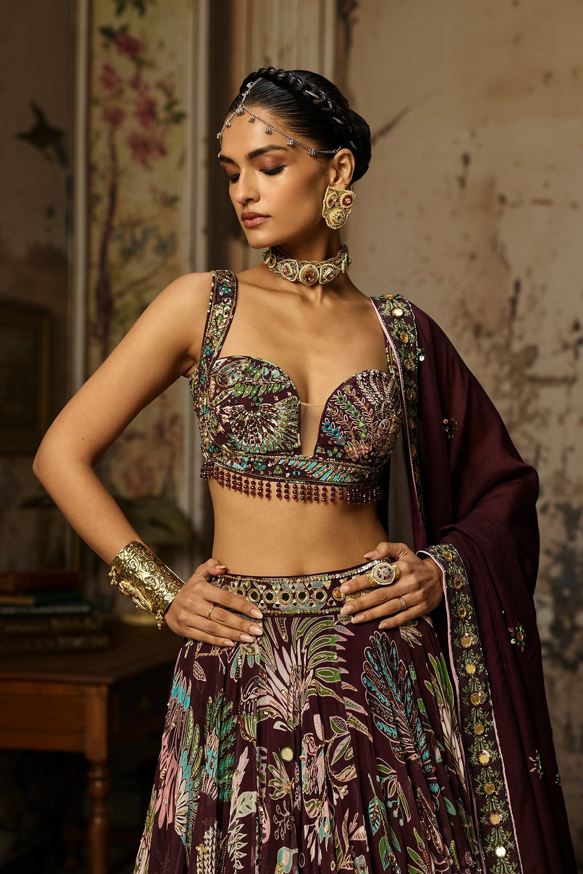 Plum Printed And Highlighted Lehenga Set