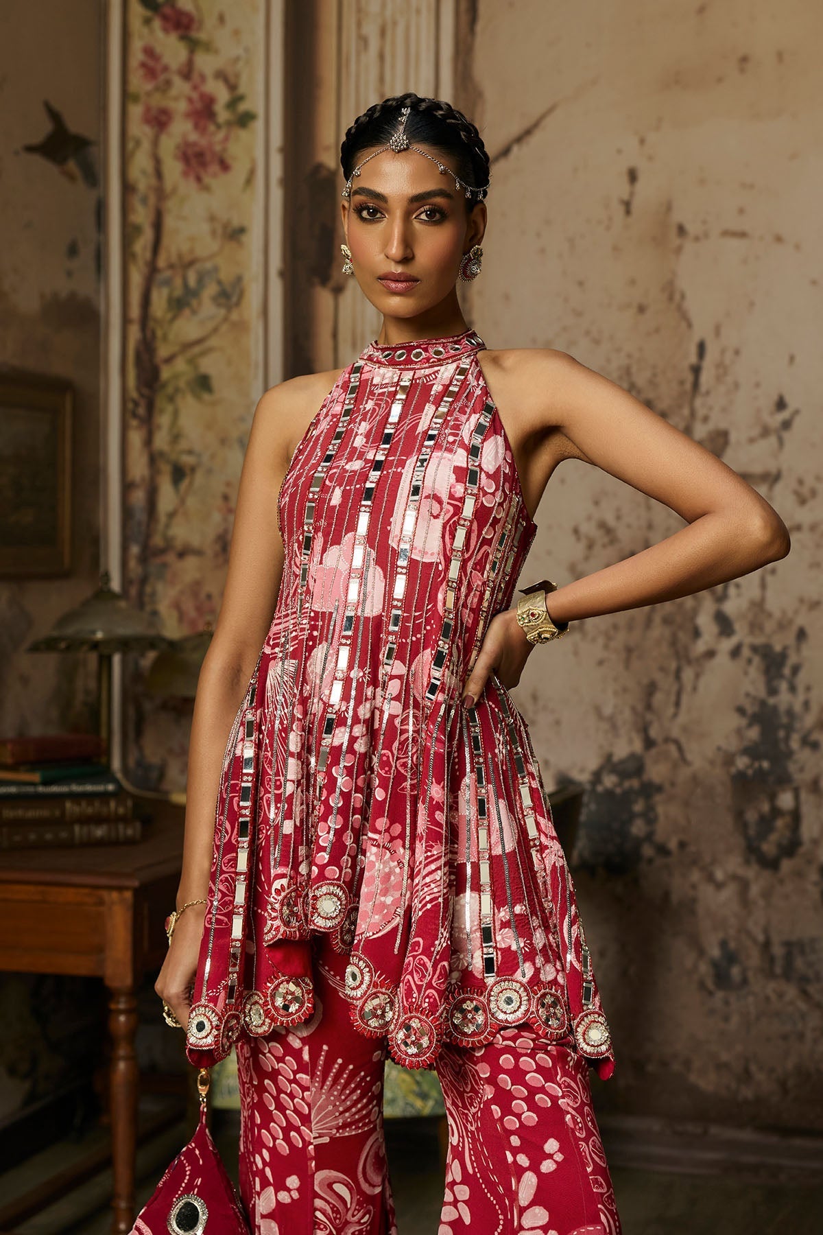 Maia Sethna Malhotra In Scarlet Red Printed And Highlighted Peplum Set