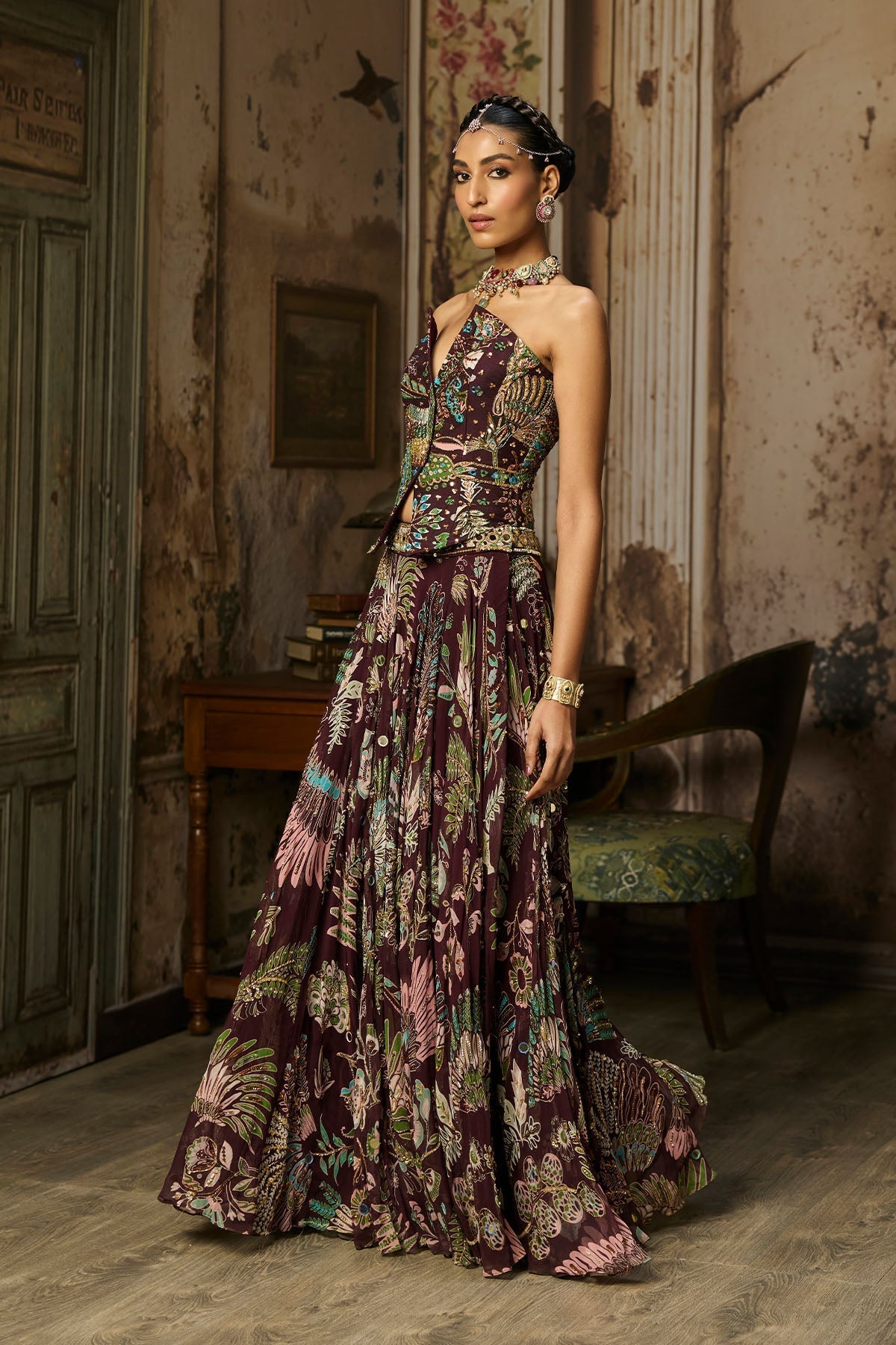 Plum Printed And Highlighted Corset Lehenga Set