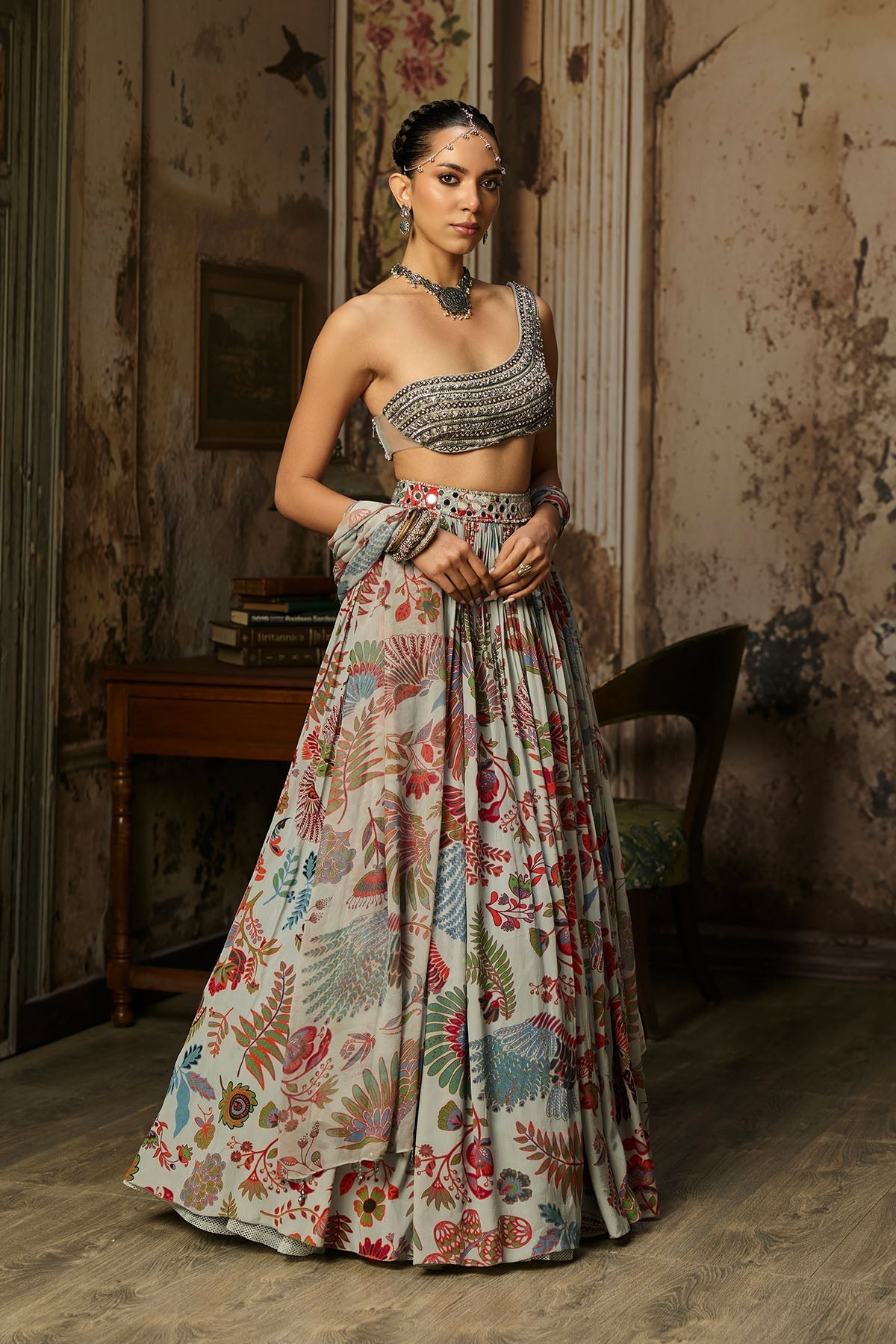 Slate Grey Embroidered Blouse With Printed Lehenga Set