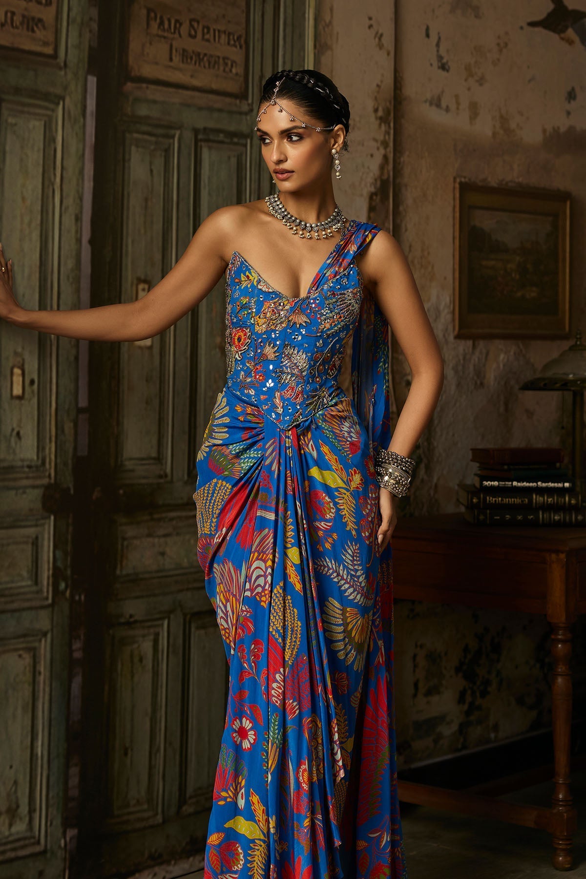 Electric Blue Printed And Highlighted Corset Dhoti Skirt Saree Set