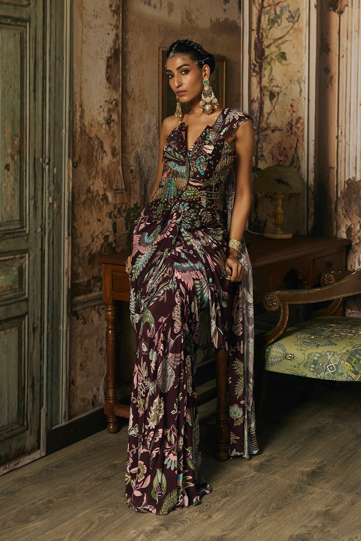 Plum Printed And Highlighted Corset With Dhoti Skirt Saree Set