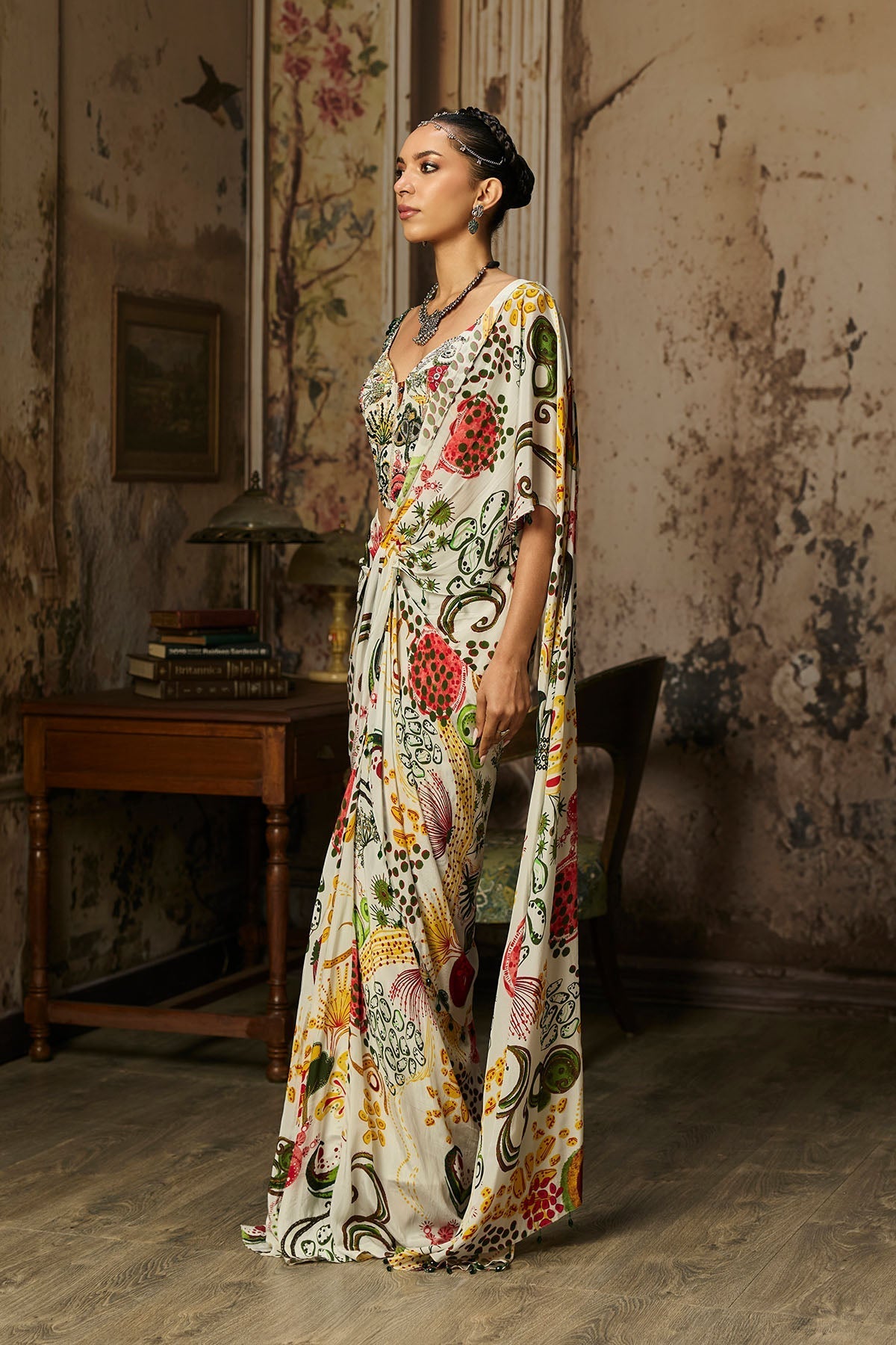 Ivory Print And Highlighted Corset With  Dhoti Skirt Saree Set
