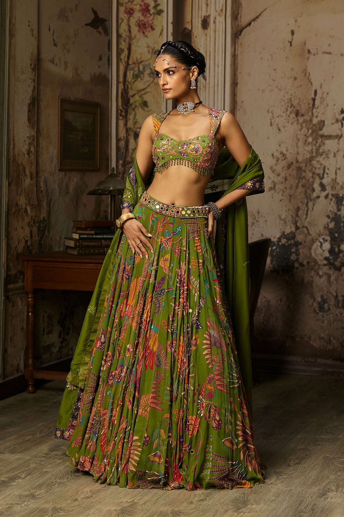 Pear Green Printed And Highlighted Lehenga Set