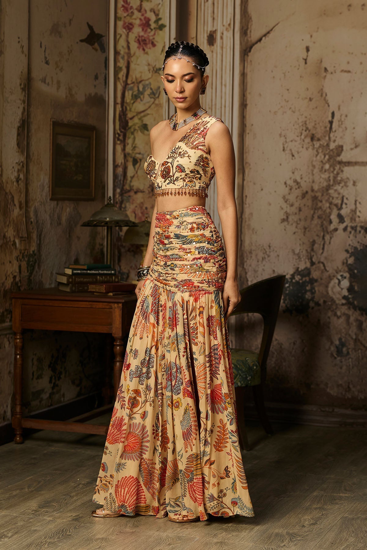 Beige Printed And Highligted Blouse With Skirt Set