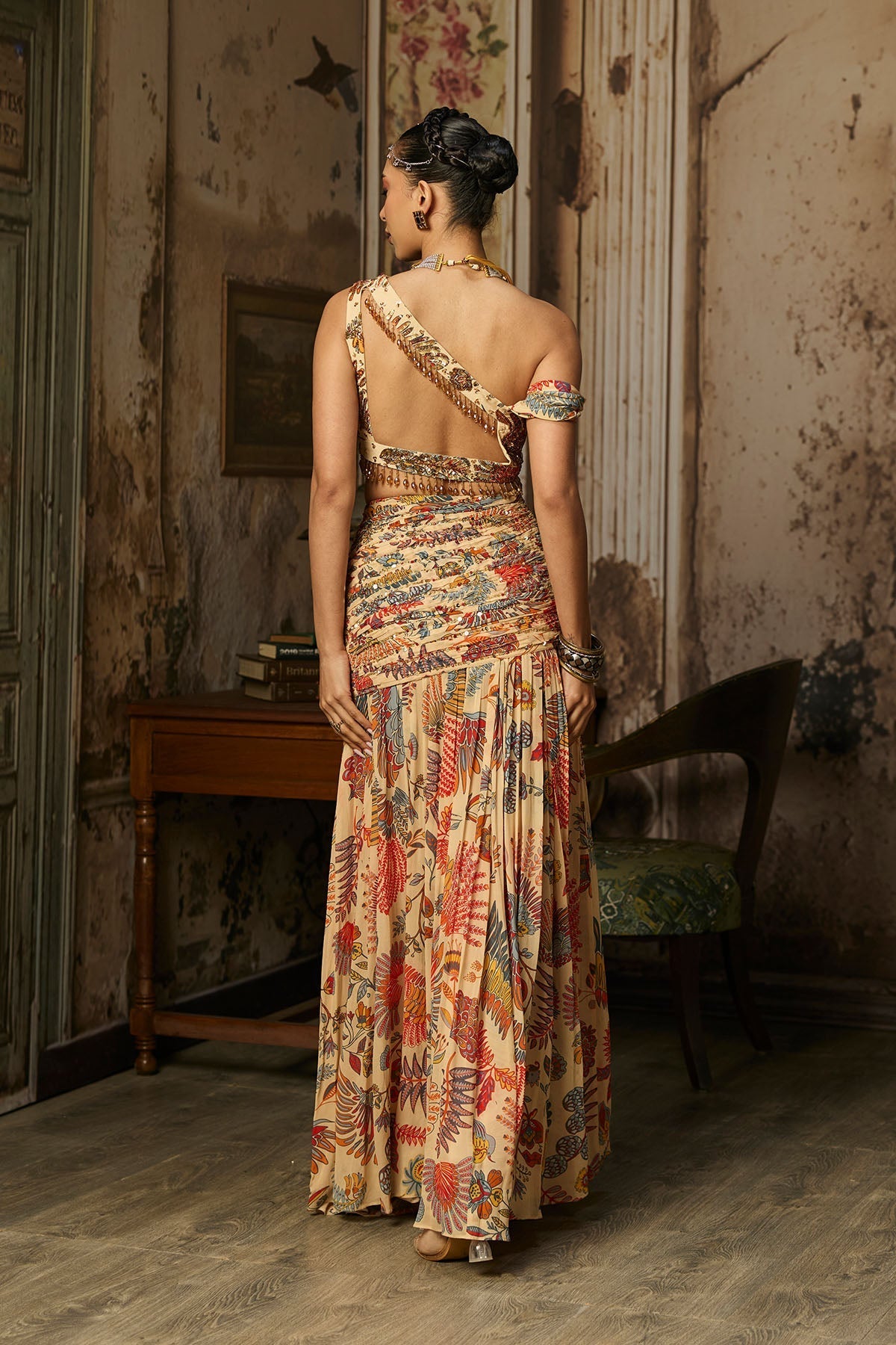 Beige Printed And Highligted Blouse With Skirt Set