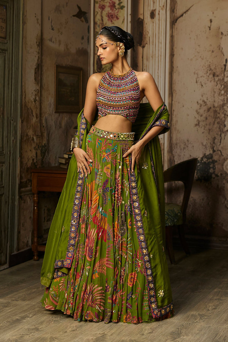 Colorful Embroidered Blouse With Pear Green Lehenga Set - Ready to Ship