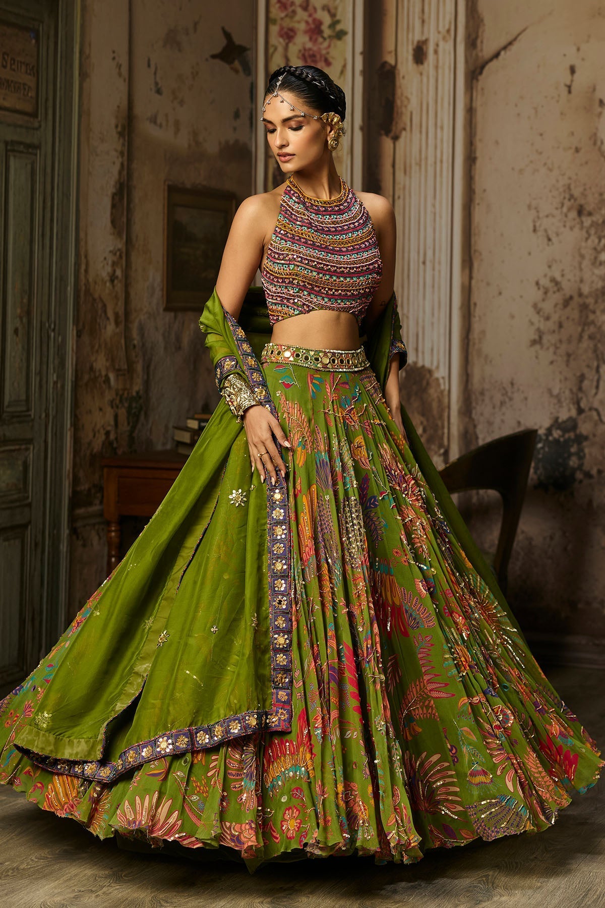 Colorful Embroidered Blouse With Pear Green Lehenga Set
