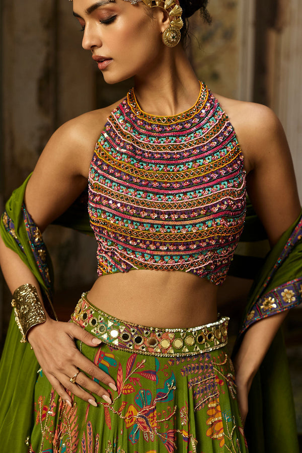 Colorful Embroidered Blouse With Pear Green Lehenga Set - Ready to Ship
