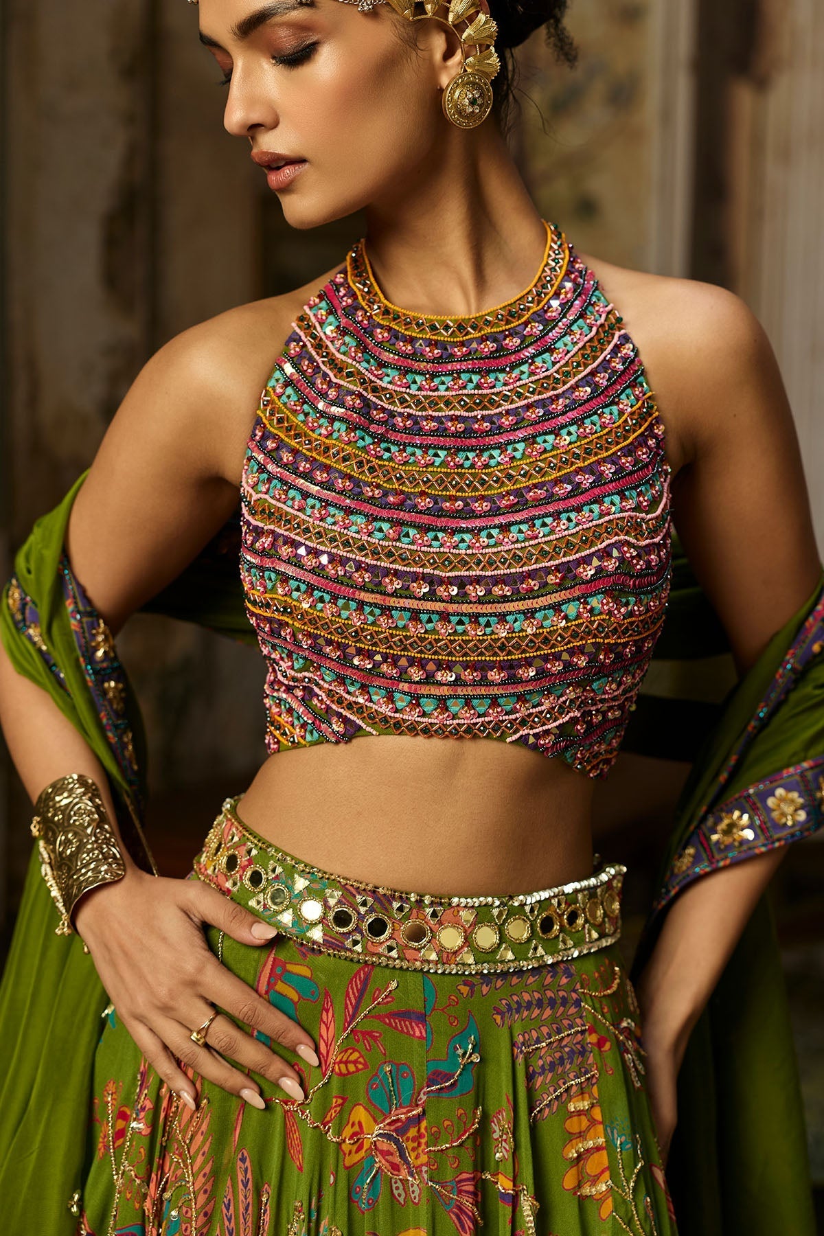 Colorful Embroidered Blouse With Pear Green Lehenga Set