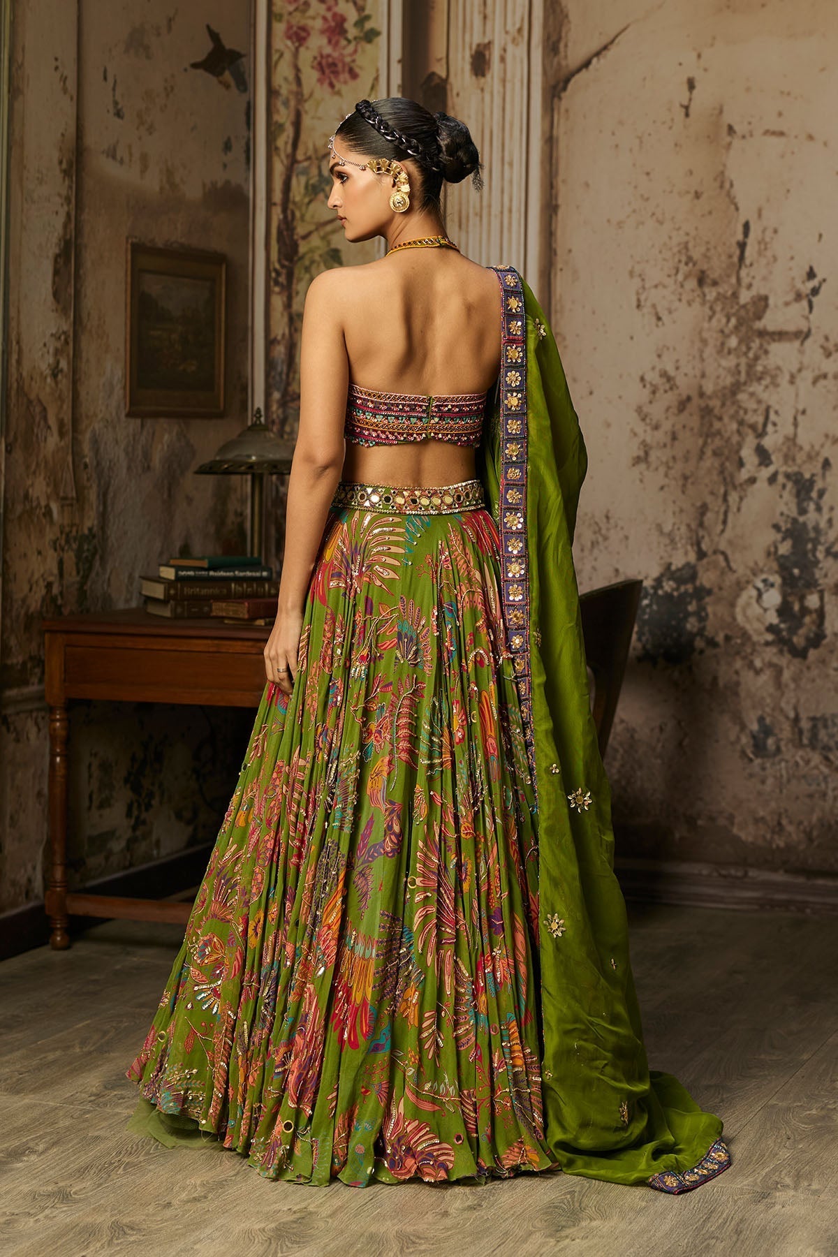 Colorful Embroidered Blouse With Pear Green Lehenga Set