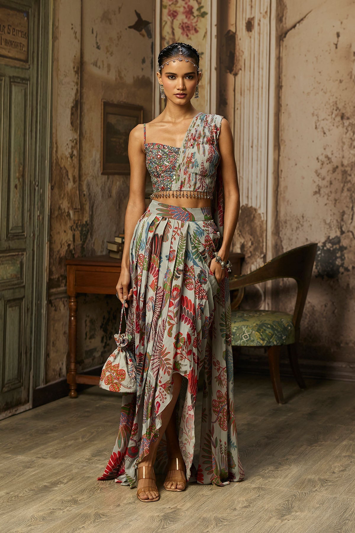 Slate Grey Printed Drape Asymmetric Crop Top And Skirt Set
