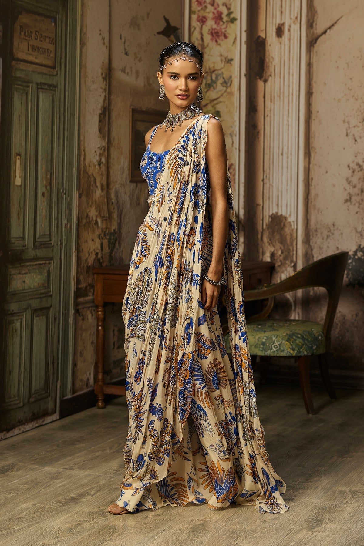 Ivory Printed And Highlighted Sharara Pants Saree Set