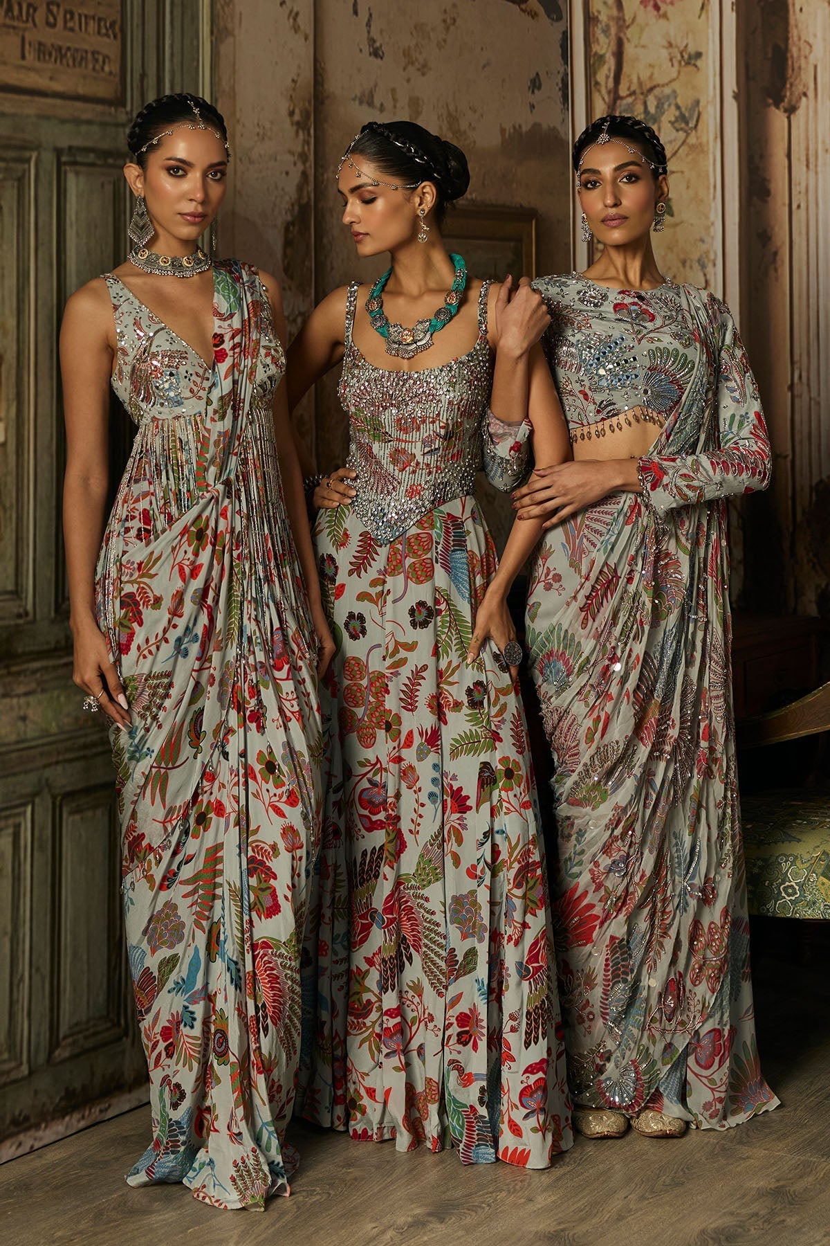 Slate Grey Printed And Highlighted Tiered sharara pants saree set