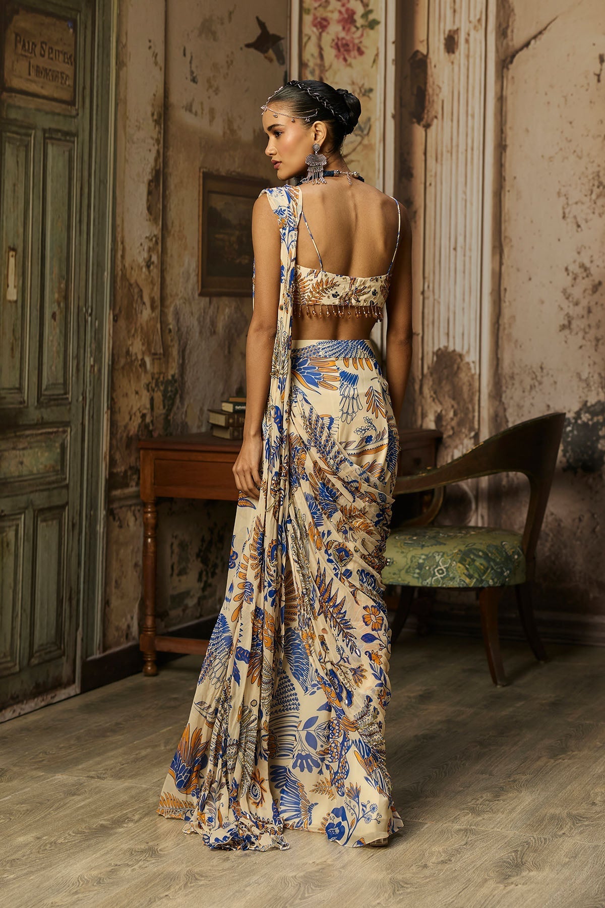 Ivory Printed And Highlighted Sharara Pants Saree Set