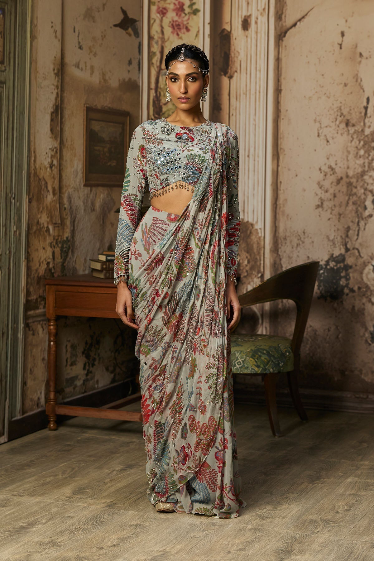 Slate Grey Printed And Highlighted Tiered sharara pants saree set