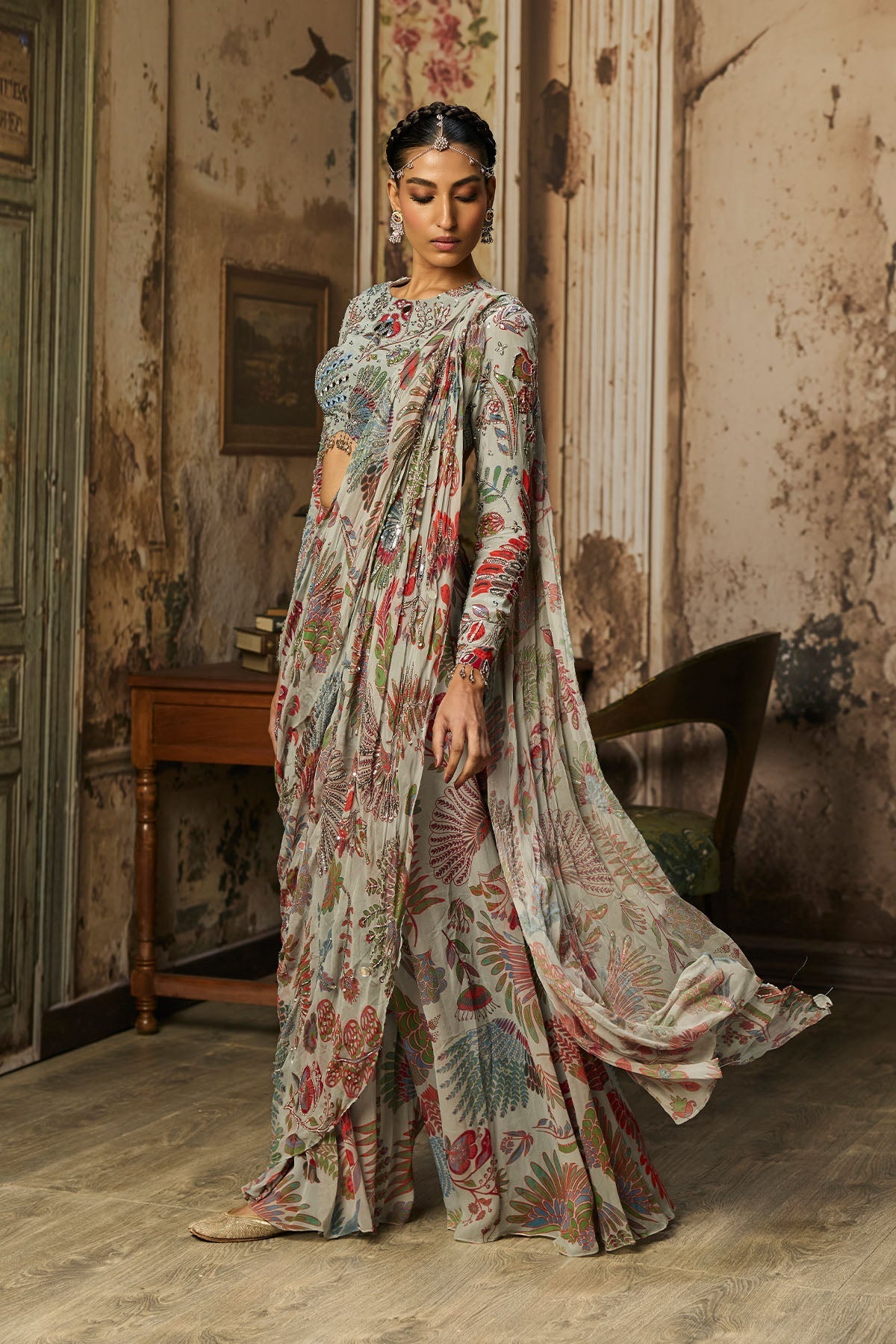 Slate Grey Printed And Highlighted Tiered sharara pants saree set