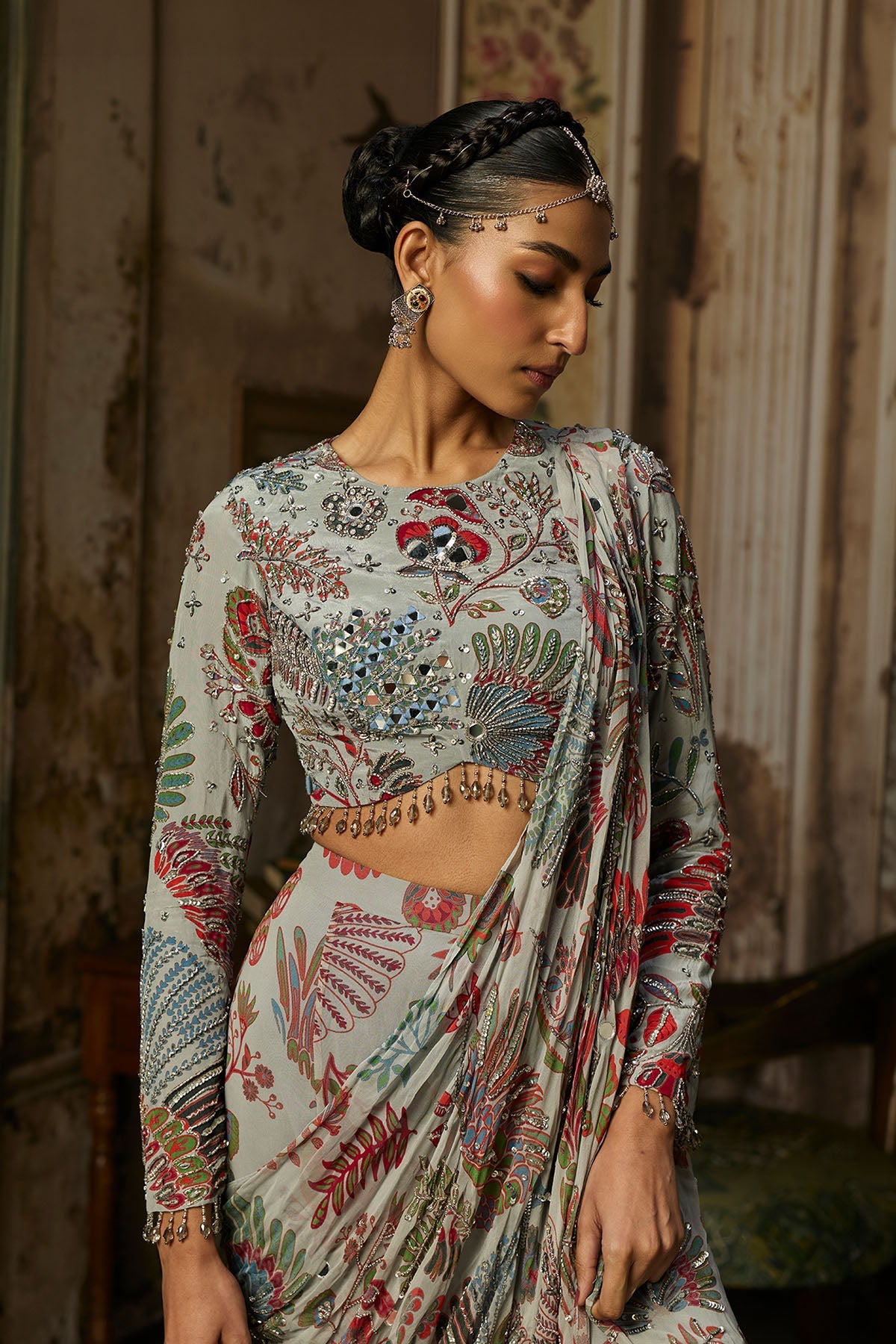 Slate Grey Printed And Highlighted Tiered sharara pants saree set