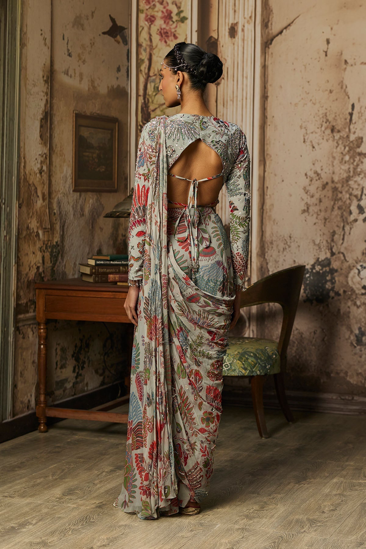Slate Grey Printed And Highlighted Tiered sharara pants saree set