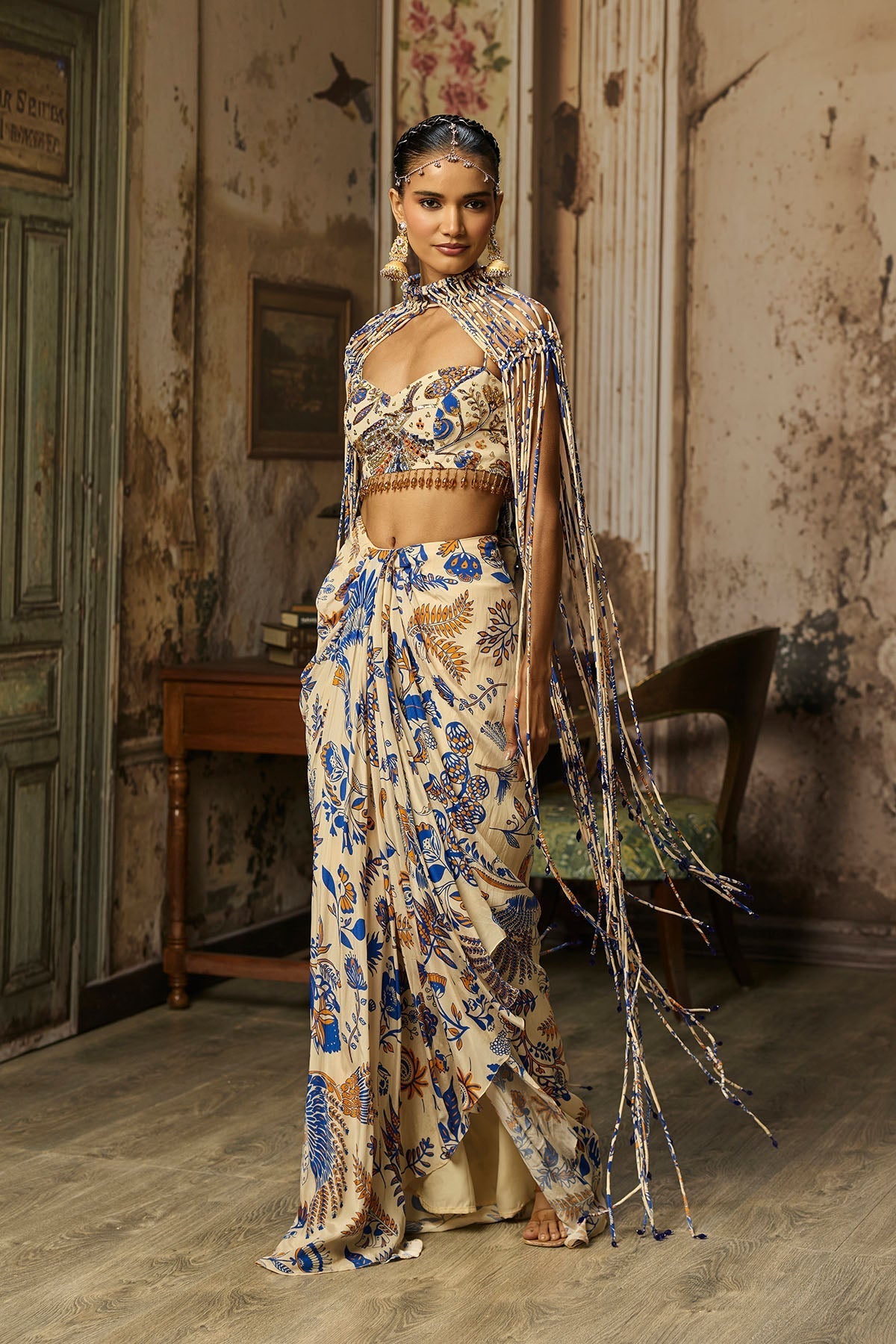 Ivory Printed And Highlighted Blouse With Fringe Jacket & Skirt Set