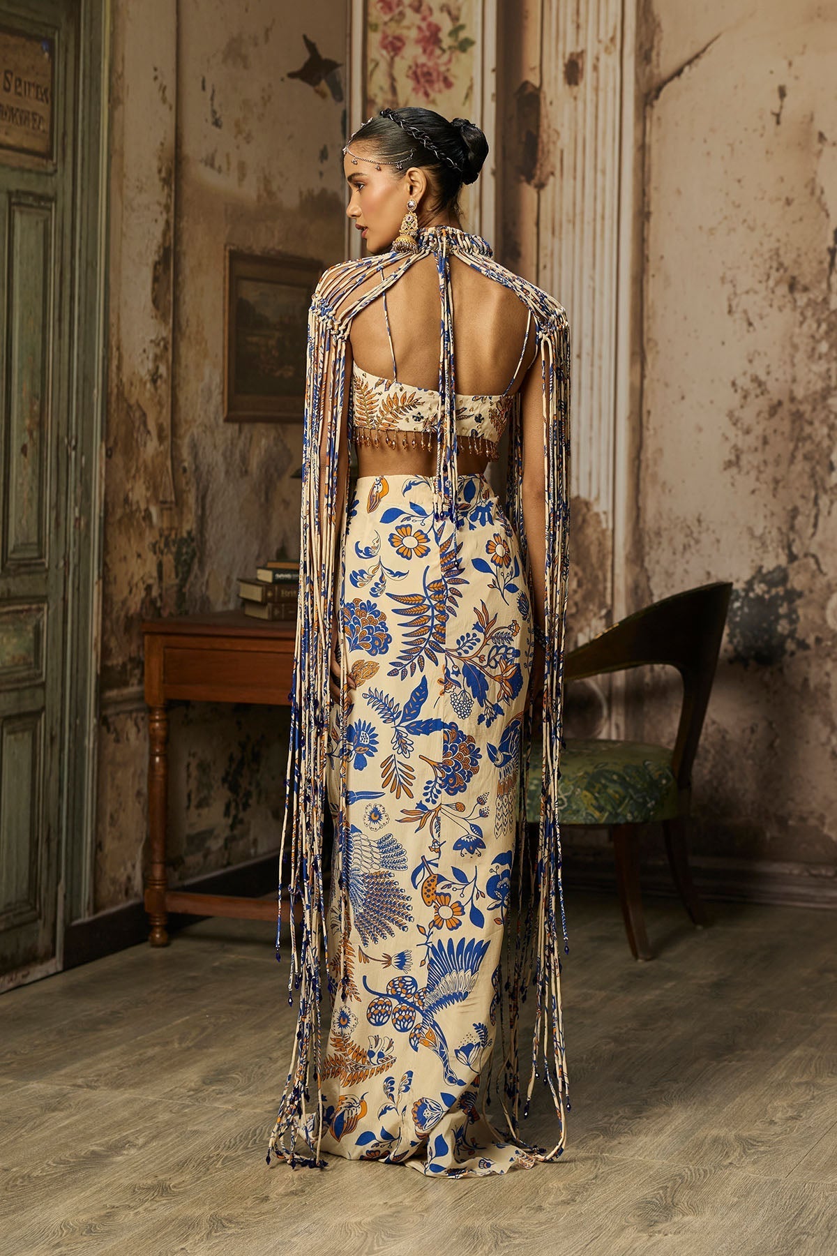 Ivory Printed And Highlighted Blouse With Fringe Jacket & Skirt Set
