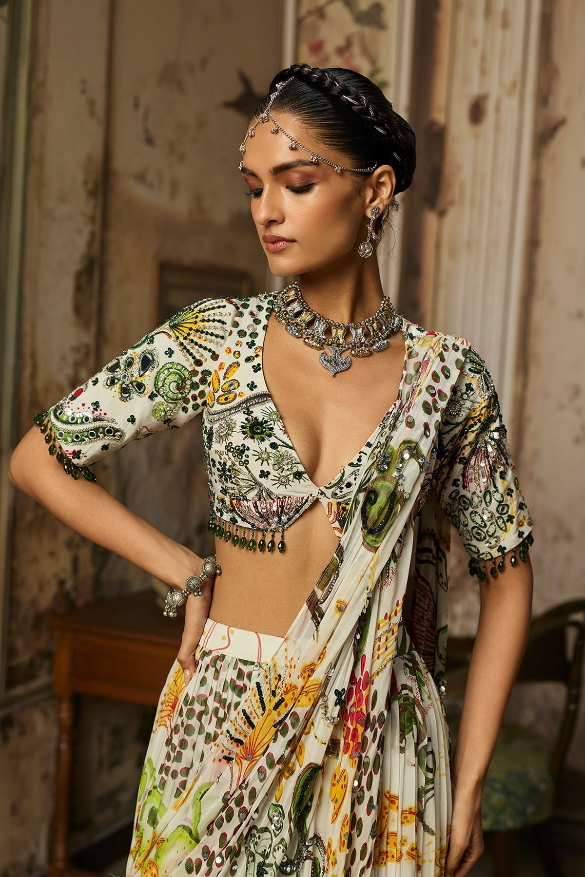 Ivory Print And Highlighted Tiered Skirt Saree Set