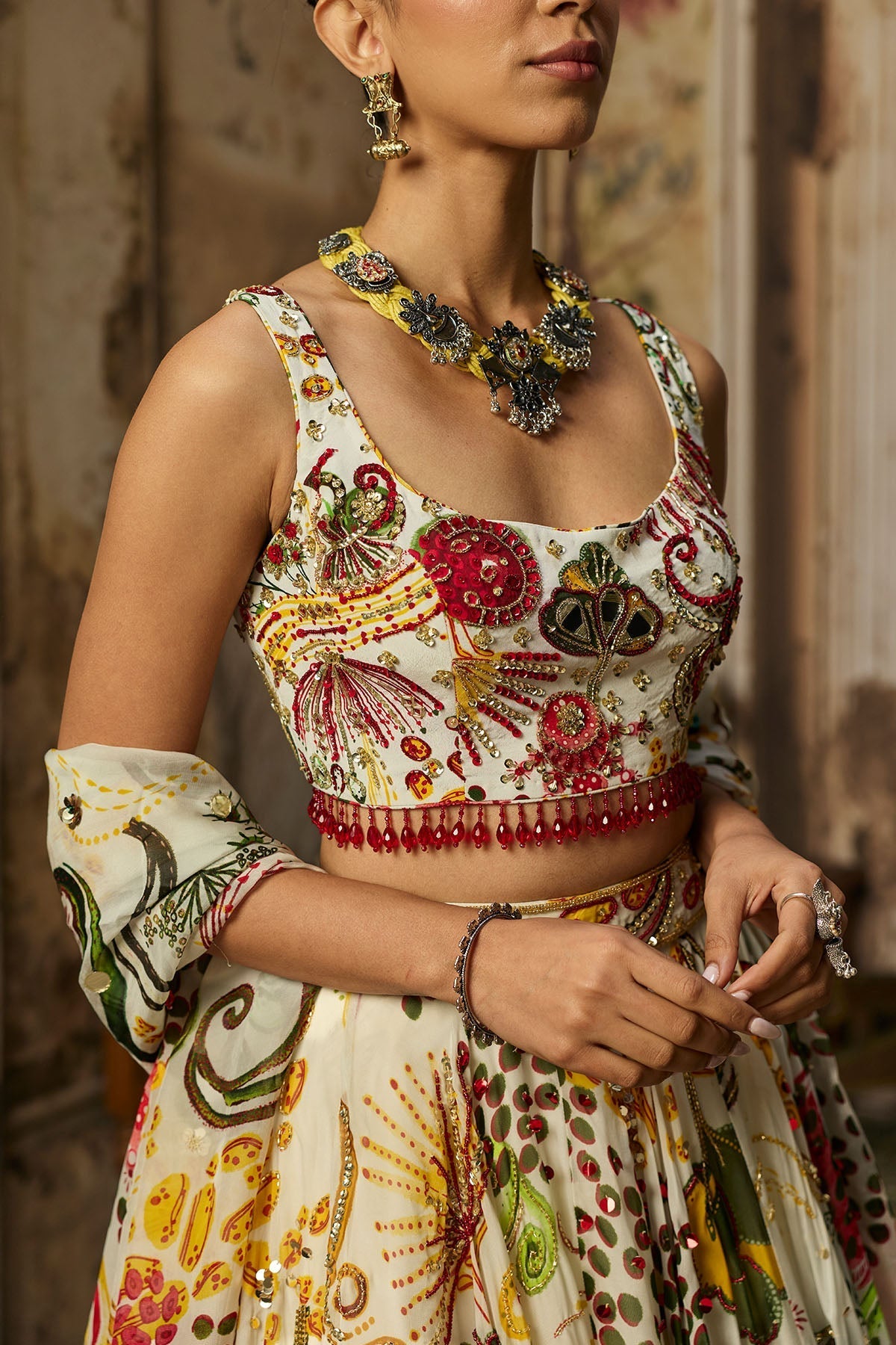 Ivory Print And Highlighted Lehenga Set