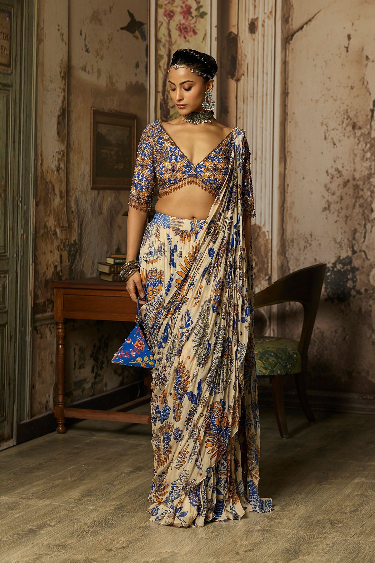 Ivory Printed And Highlighted Tiered Skirt Saree Set