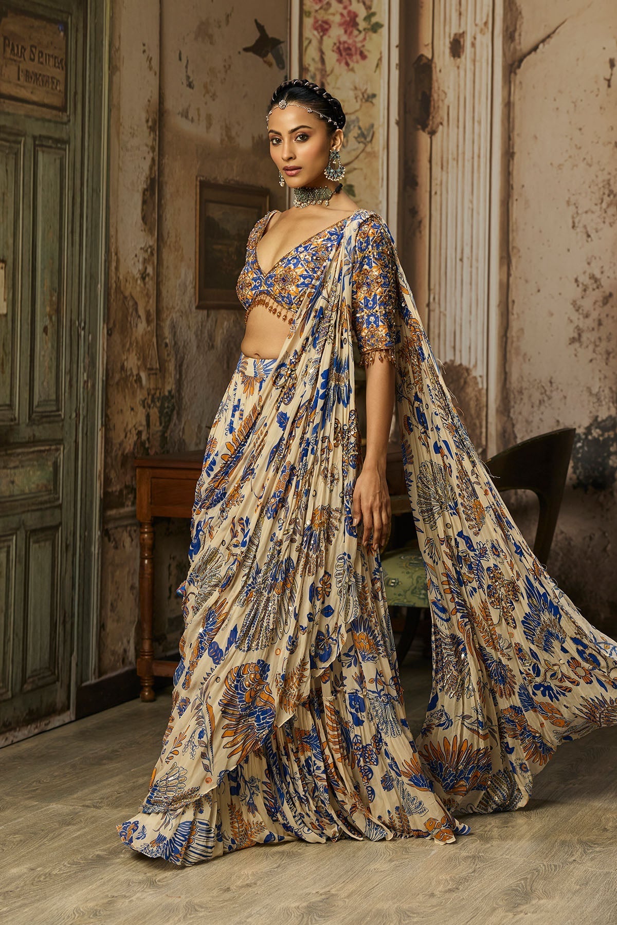 Ivory Printed And Highlighted Tiered Skirt Saree Set