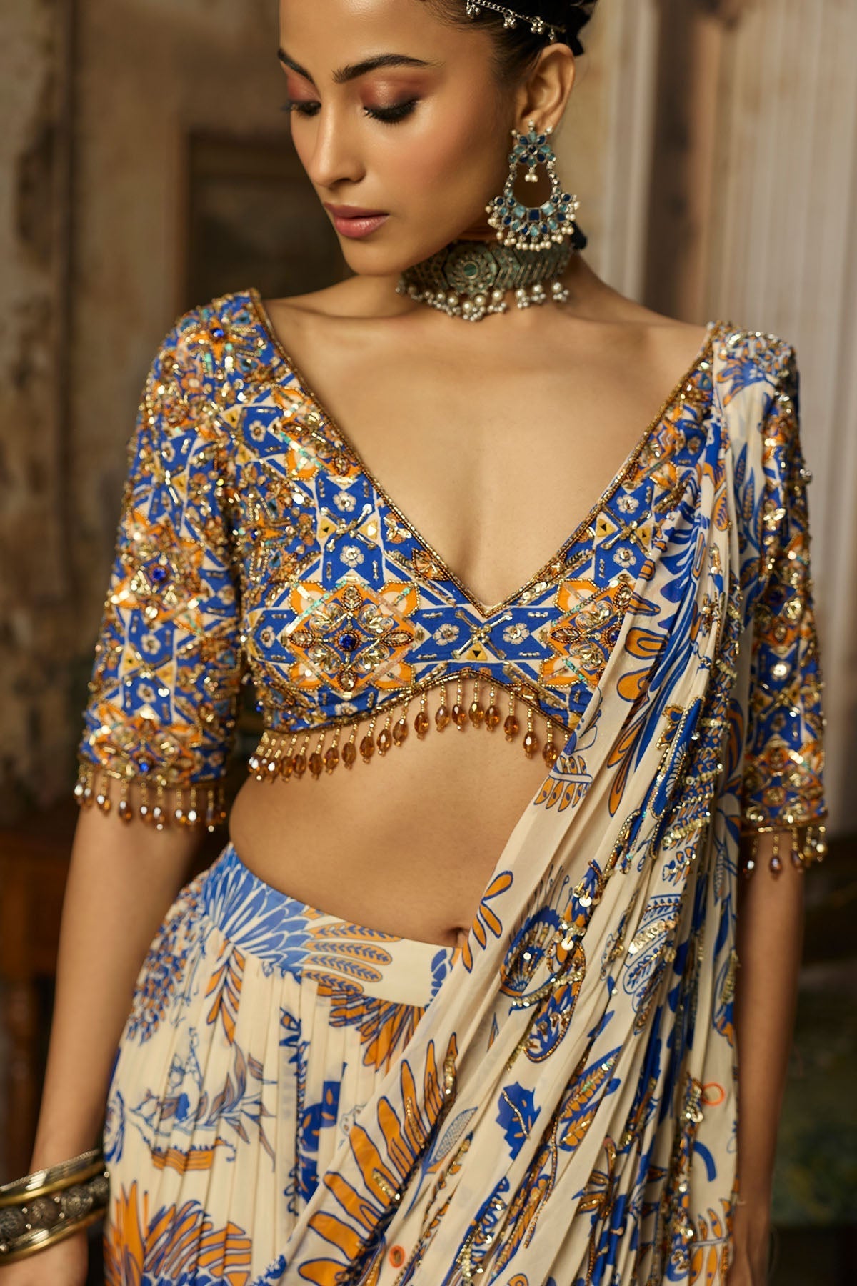 Ivory Printed And Highlighted Tiered Skirt Saree Set