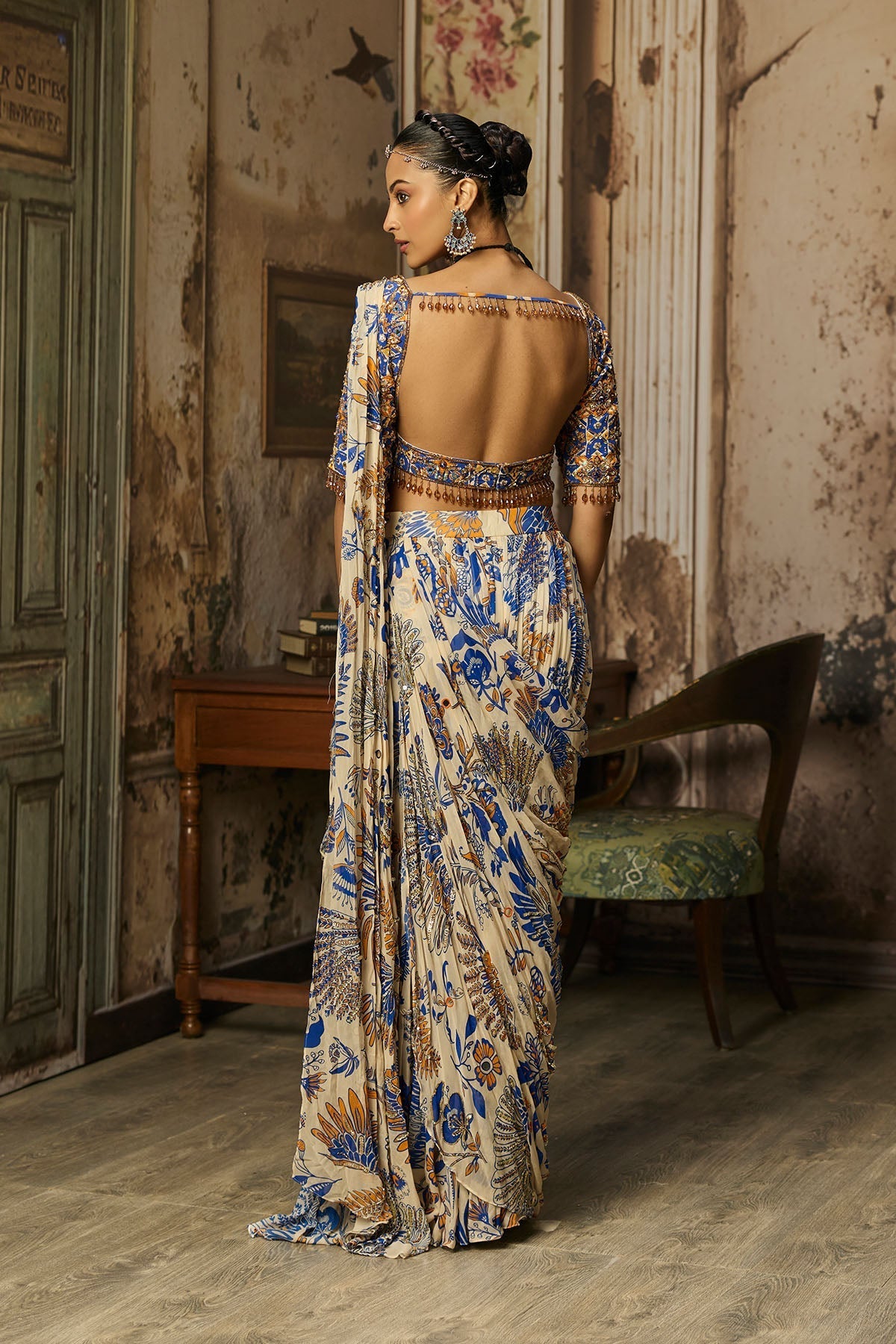 Ivory Printed And Highlighted Tiered Skirt Saree Set