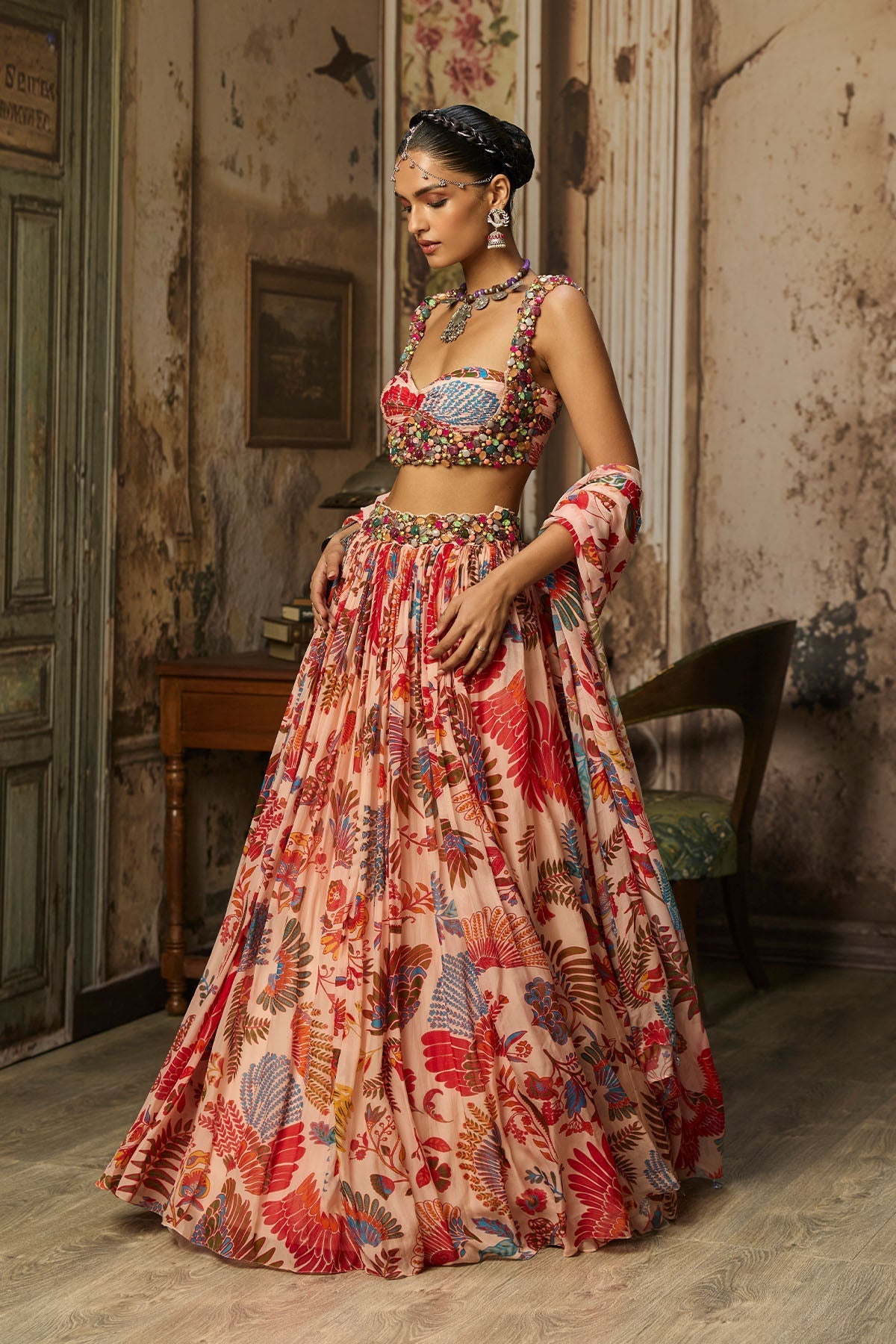 Blush Pink Stone Embroidered Blouse With Printed Lehenga Set